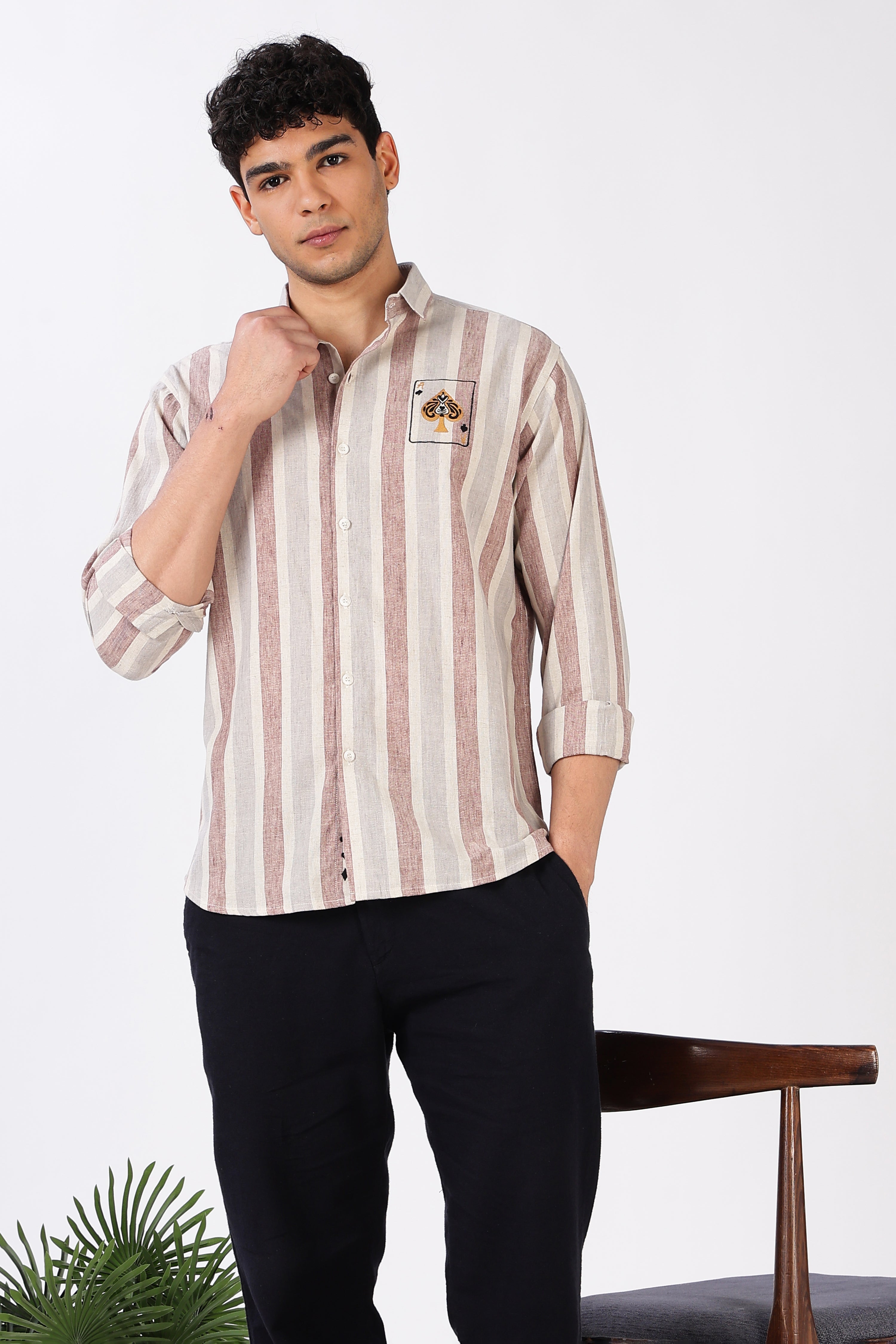 Ace of Spades Cotton Regular Fit Pink Embroidered Shirt