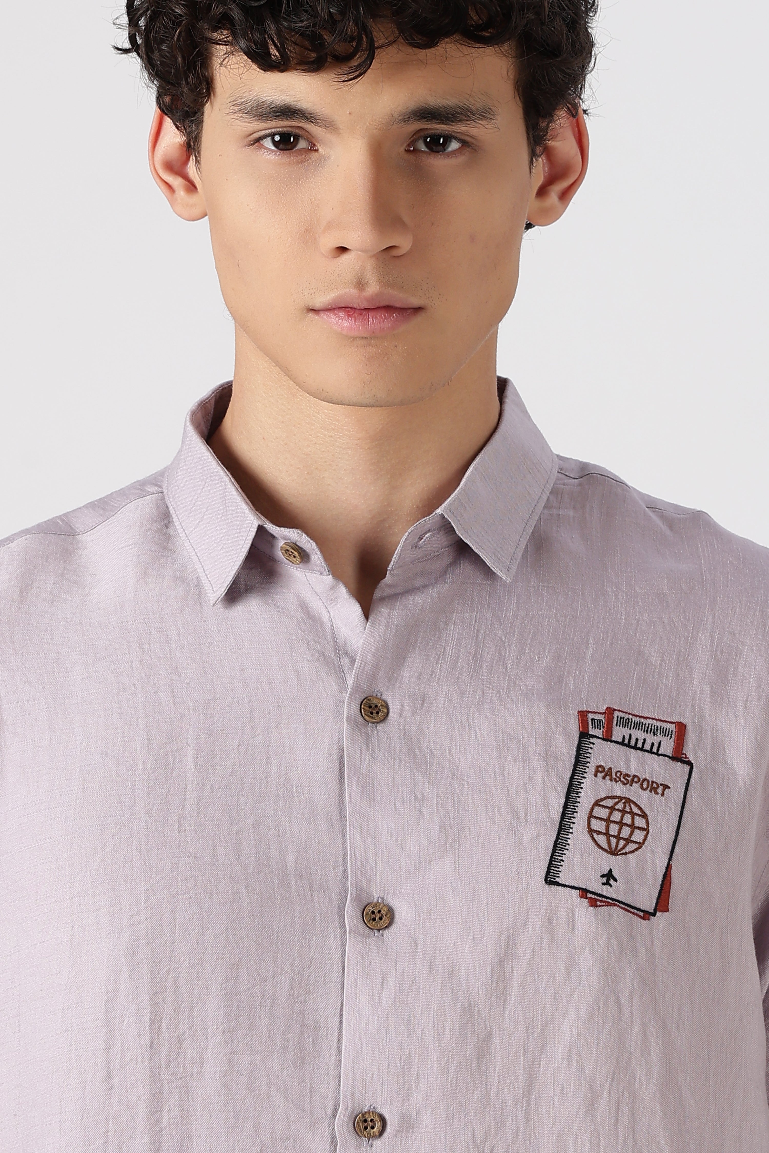 Wanderer's Passport Cotton Regular Fit Purple Embroidered Shirt