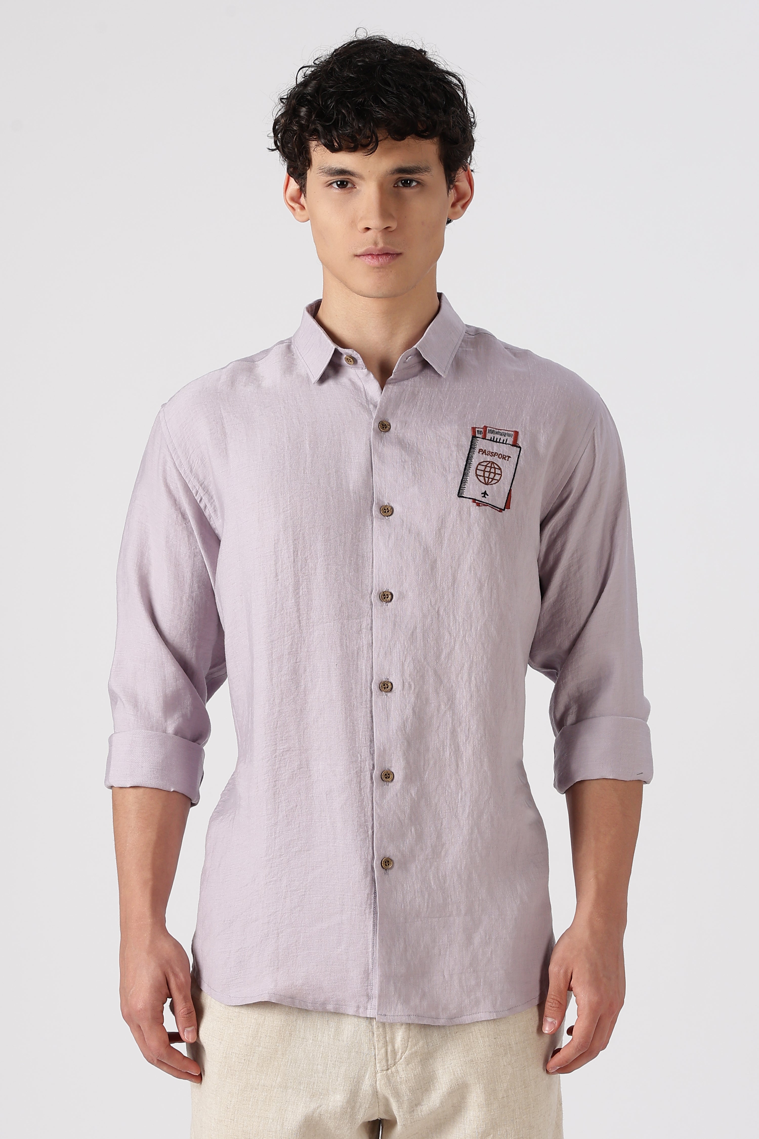 Wanderer's Passport Cotton Regular Fit Purple Embroidered Shirt