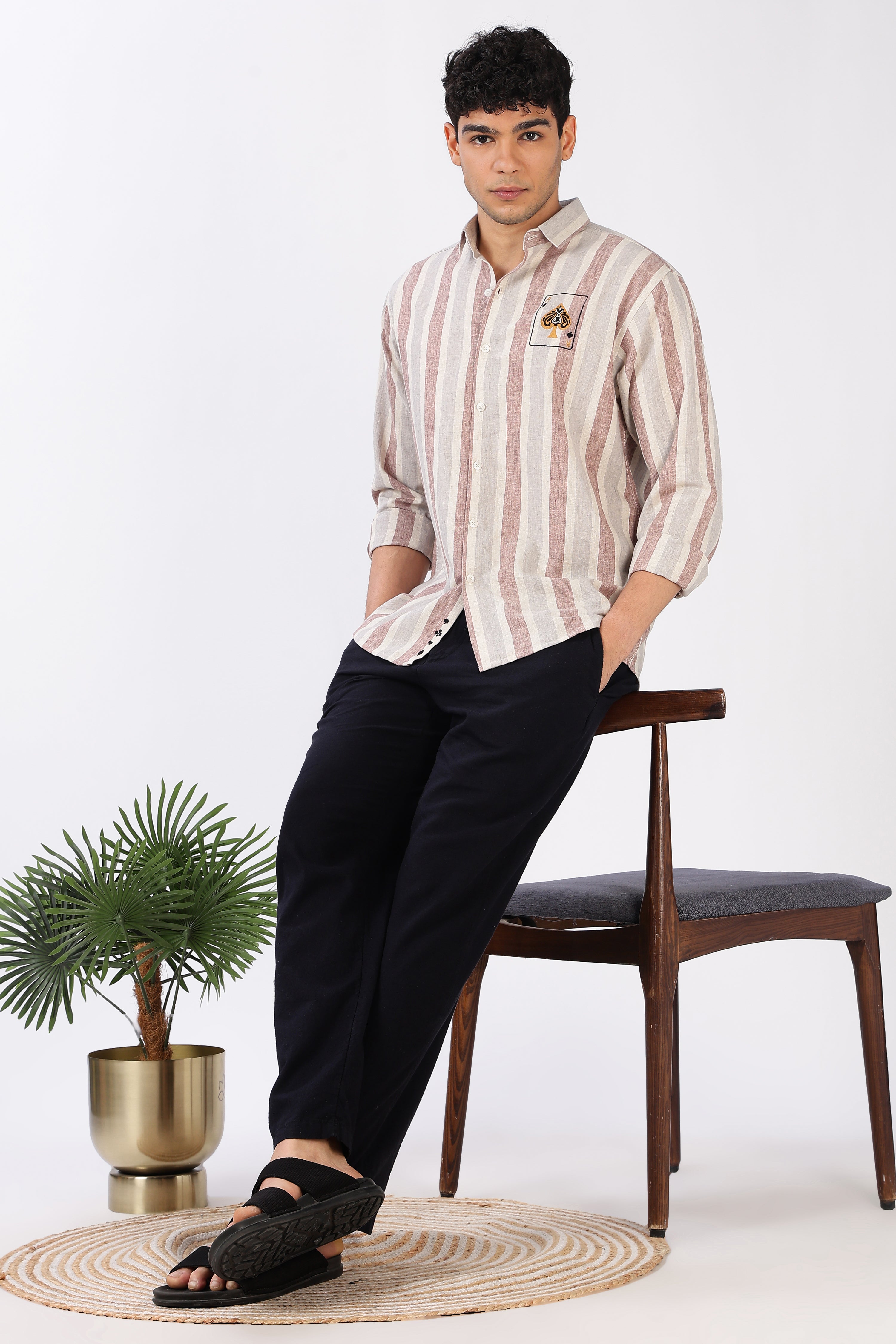 Ace of Spades Cotton Regular Fit Pink Embroidered Shirt