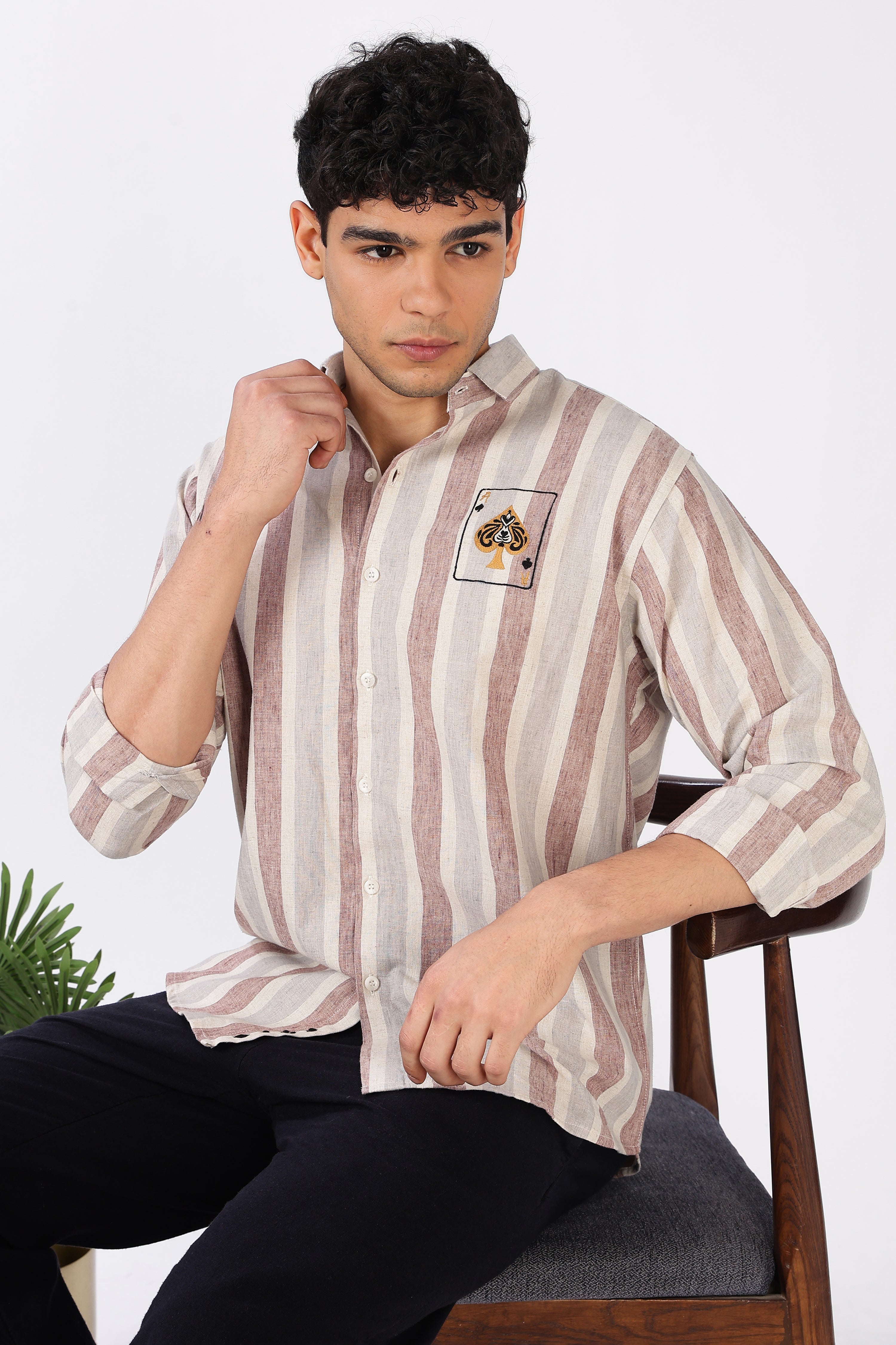 Ace of Spades Cotton Regular Fit Pink Embroidered Shirt