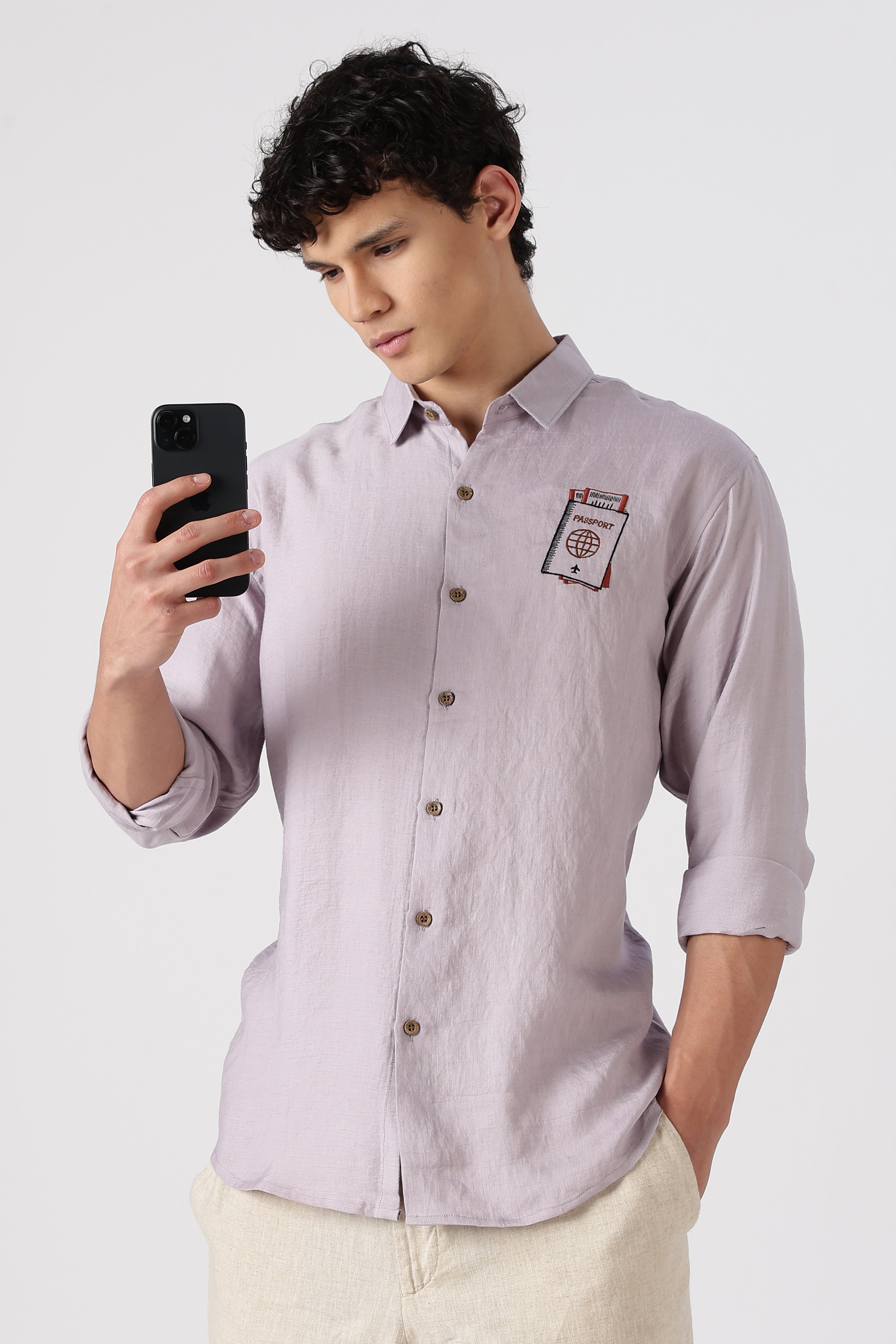 Wanderer's Passport Cotton Regular Fit Purple Embroidered Shirt
