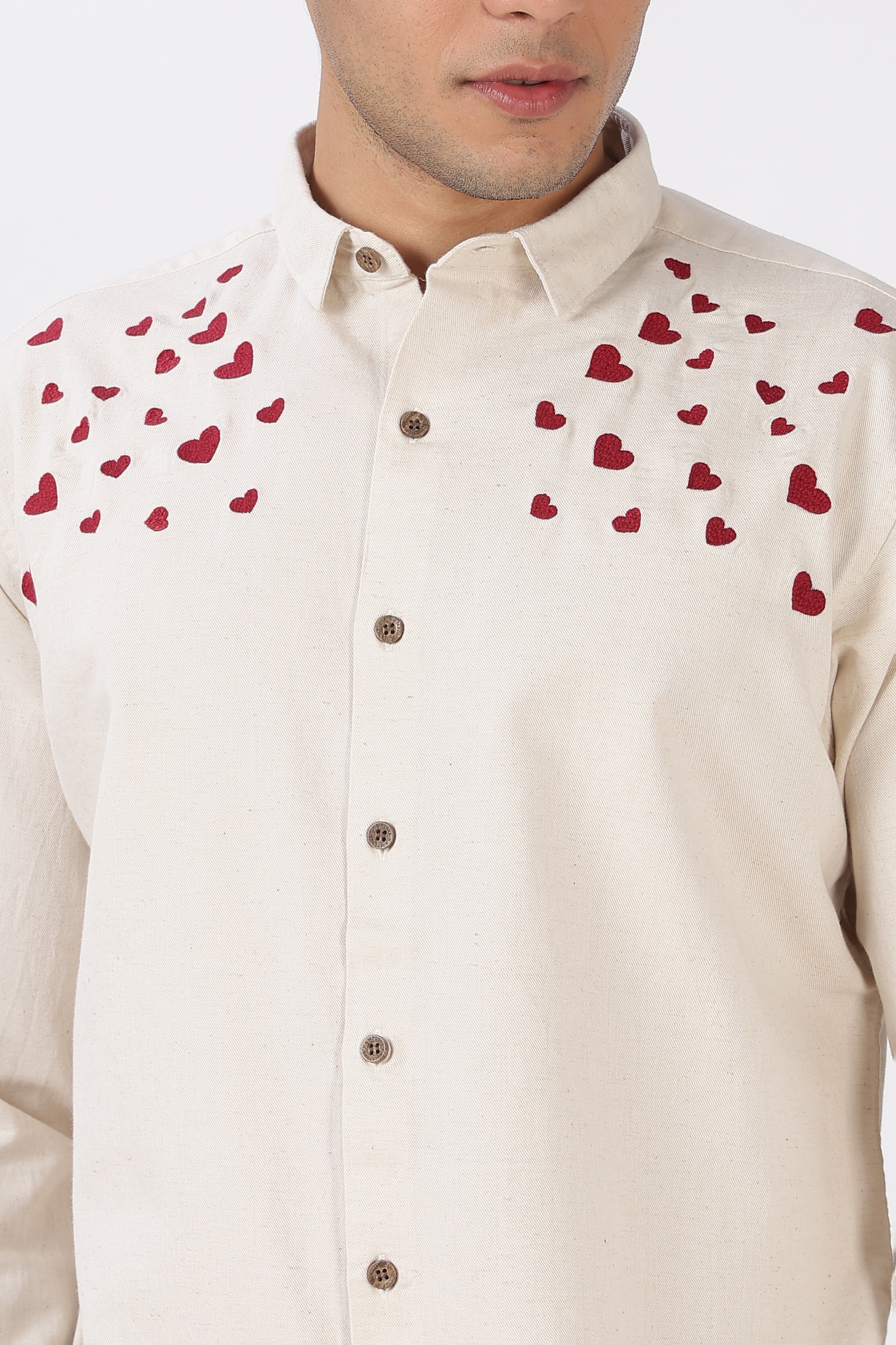 Hearts Flowing Cotton Regular Fit Beige Embroidered Shirt