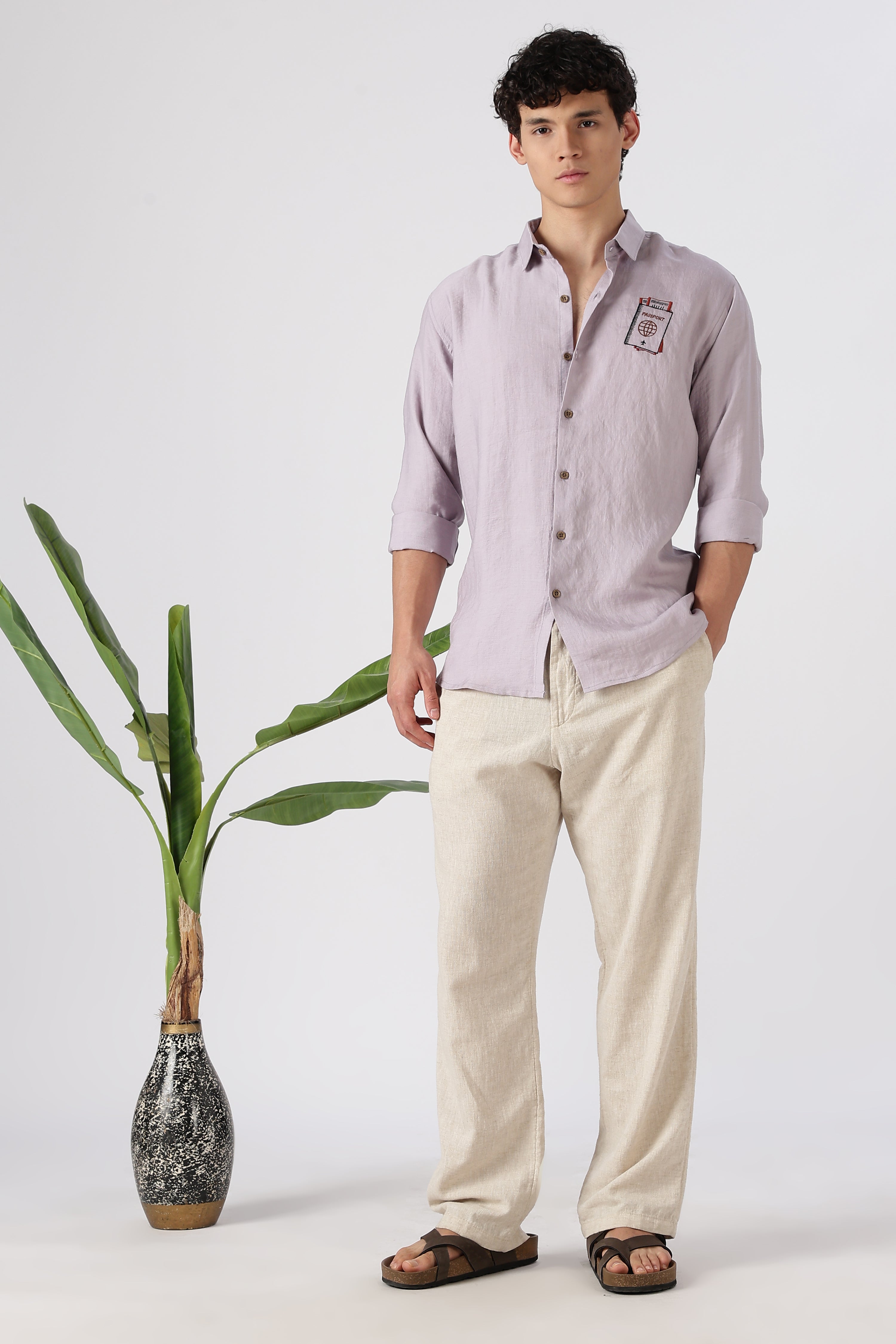 Wanderer's Passport Cotton Regular Fit Purple Embroidered Shirt