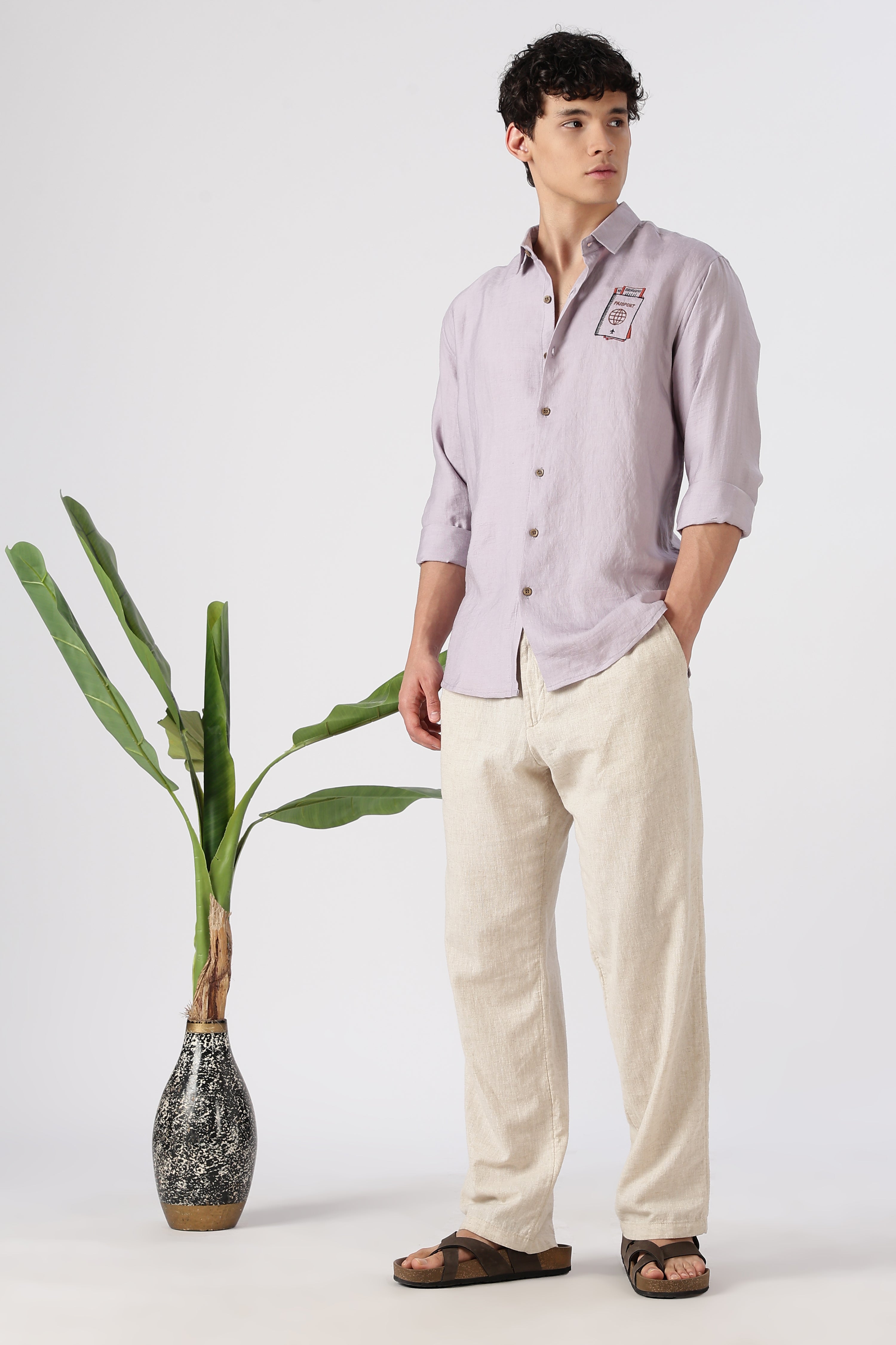 Wanderer's Passport Cotton Regular Fit Purple Embroidered Shirt