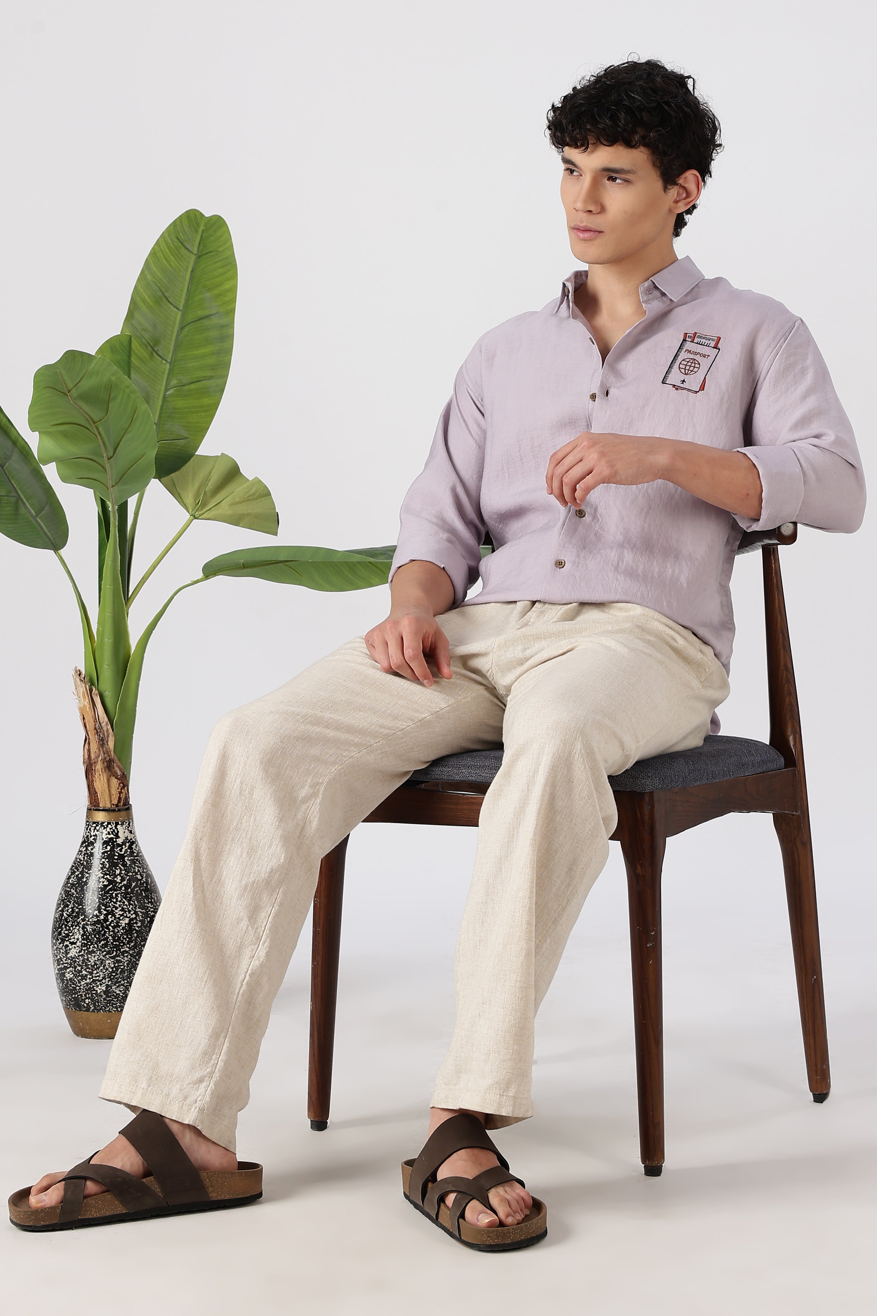 Wanderer's Passport Cotton Regular Fit Purple Embroidered Shirt