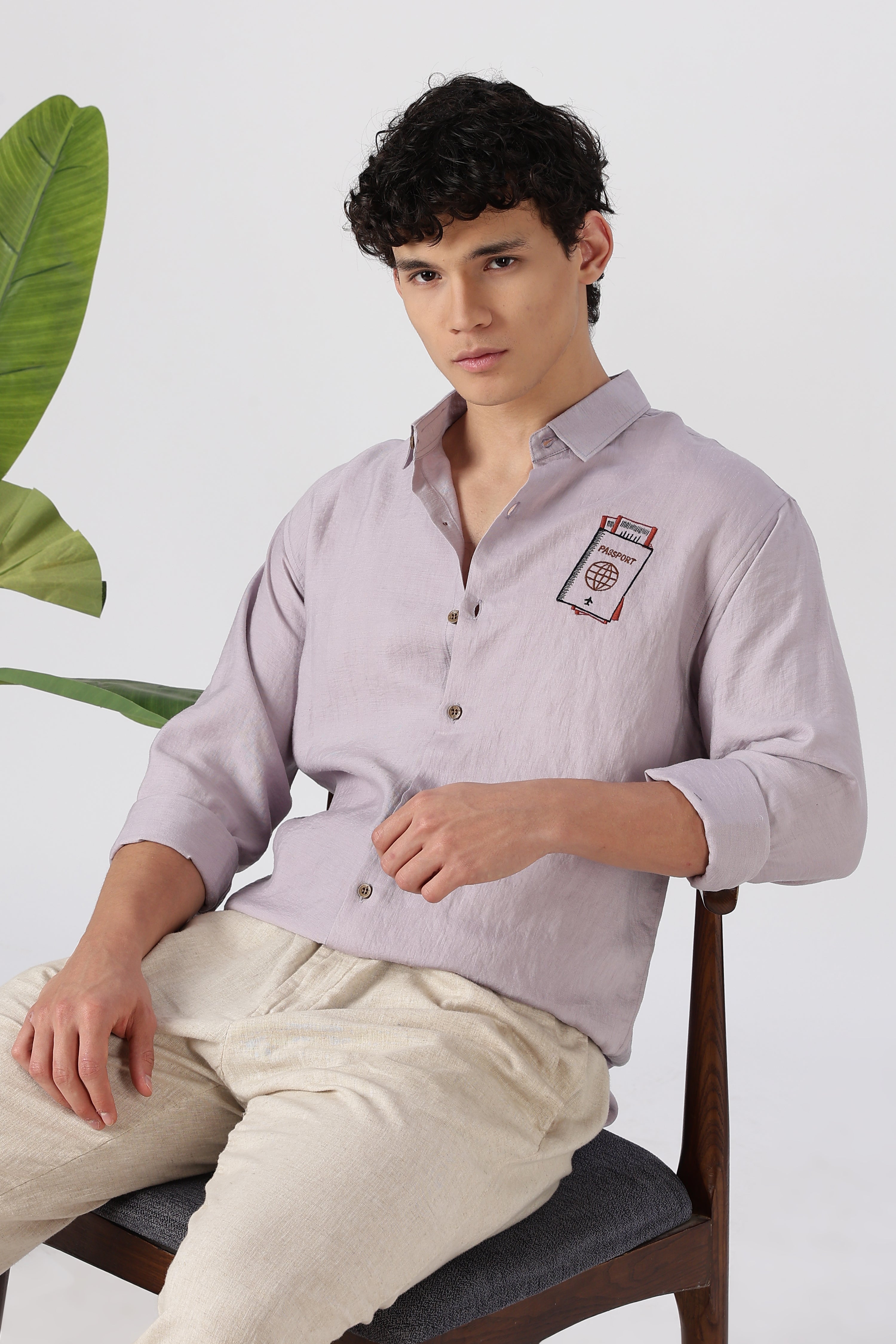 Wanderer's Passport Cotton Regular Fit Purple Embroidered Shirt
