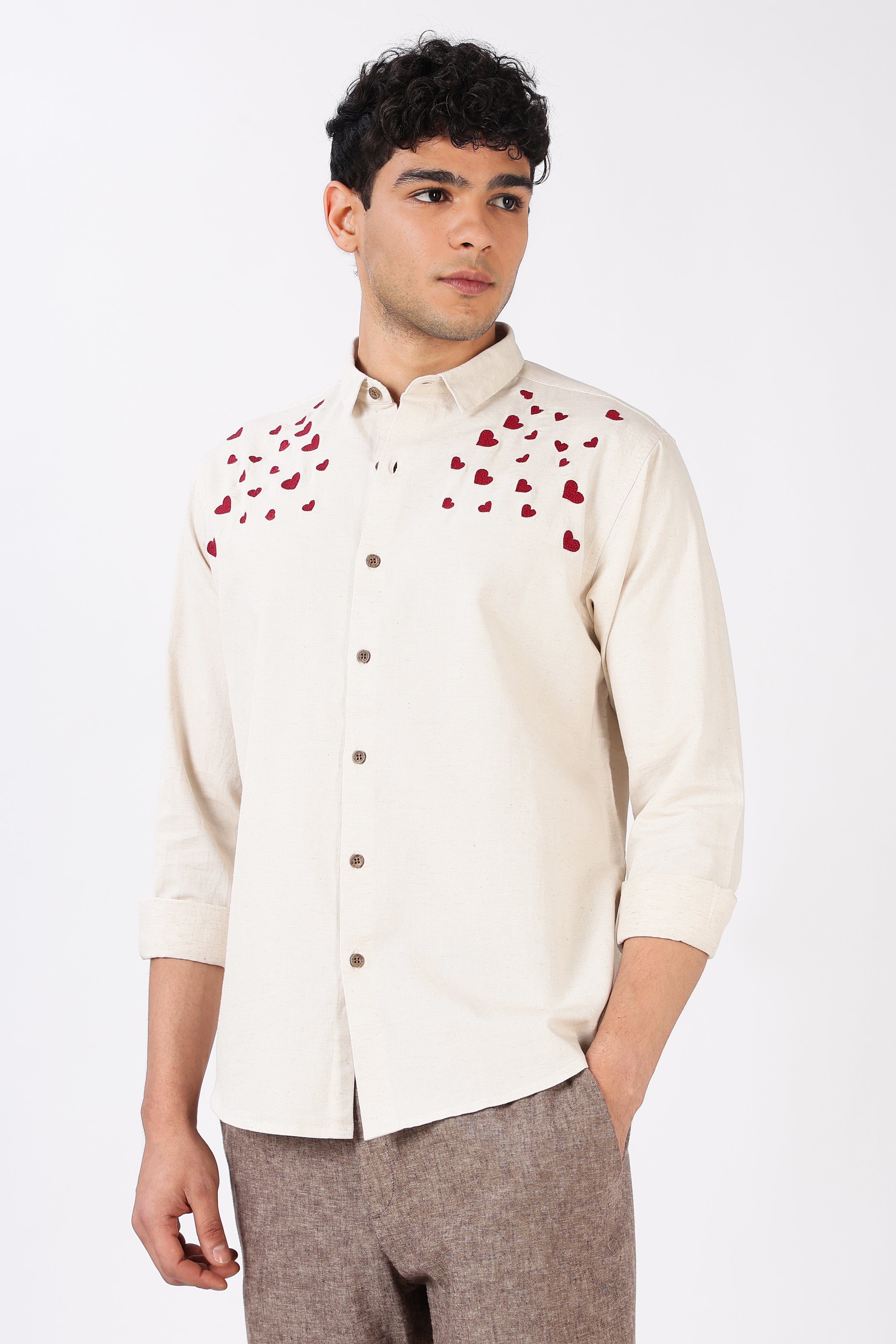 Hearts Flowing Cotton Regular Fit Beige Embroidered Shirt