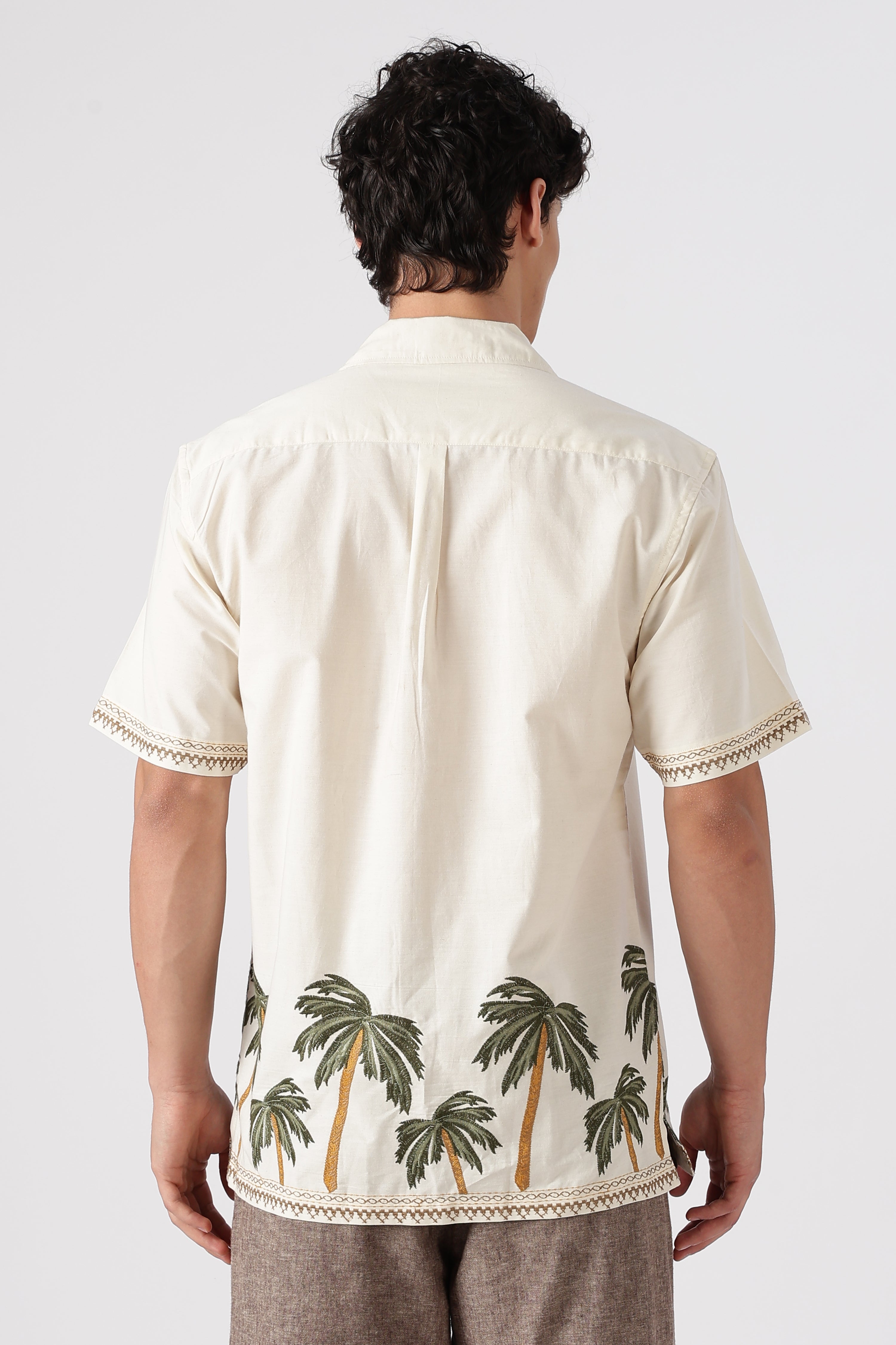 Coastal Palms Cotton Box Fit Beige Embroidered Shirt