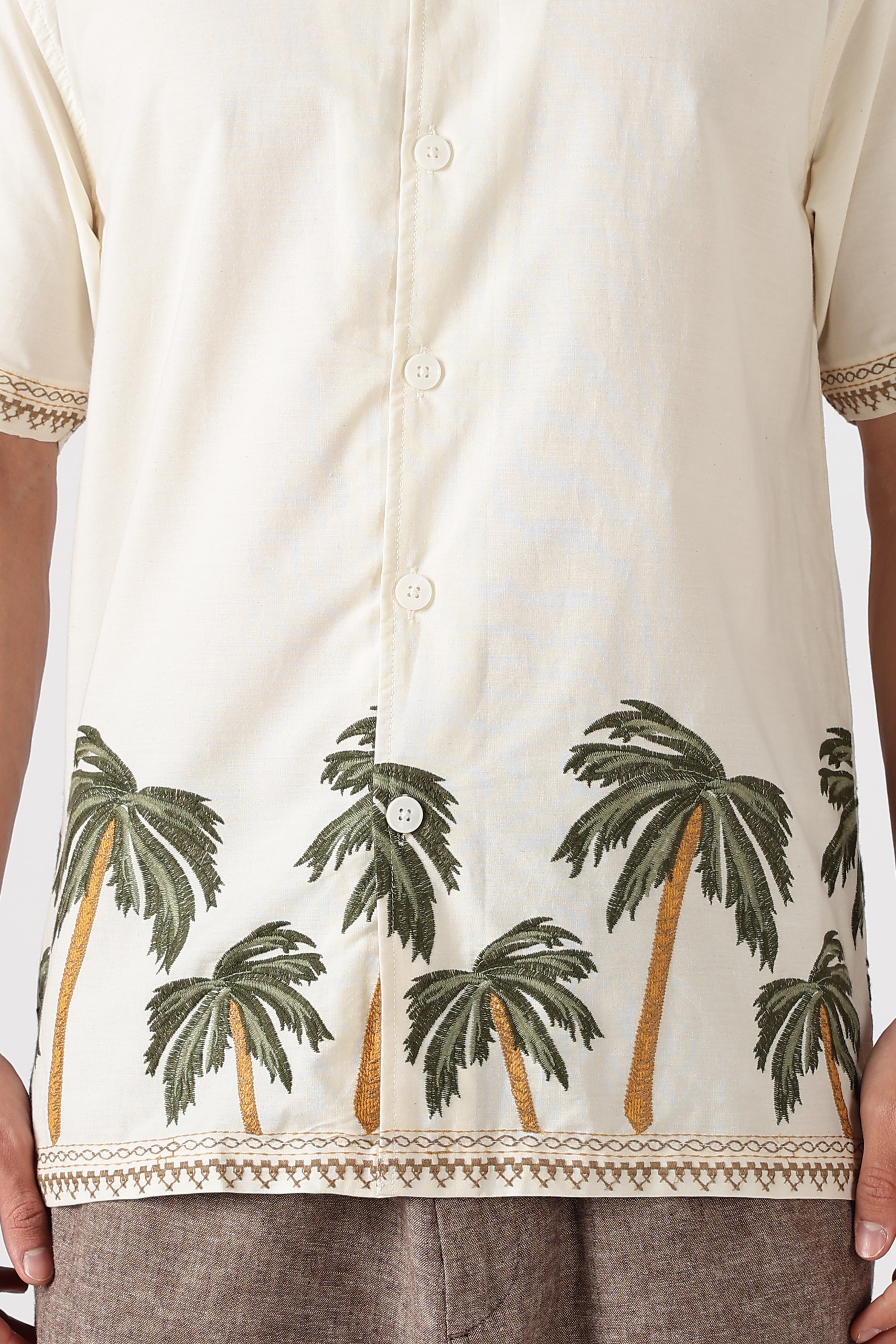 Coastal Palms Cotton Box Fit Beige Embroidered Shirt
