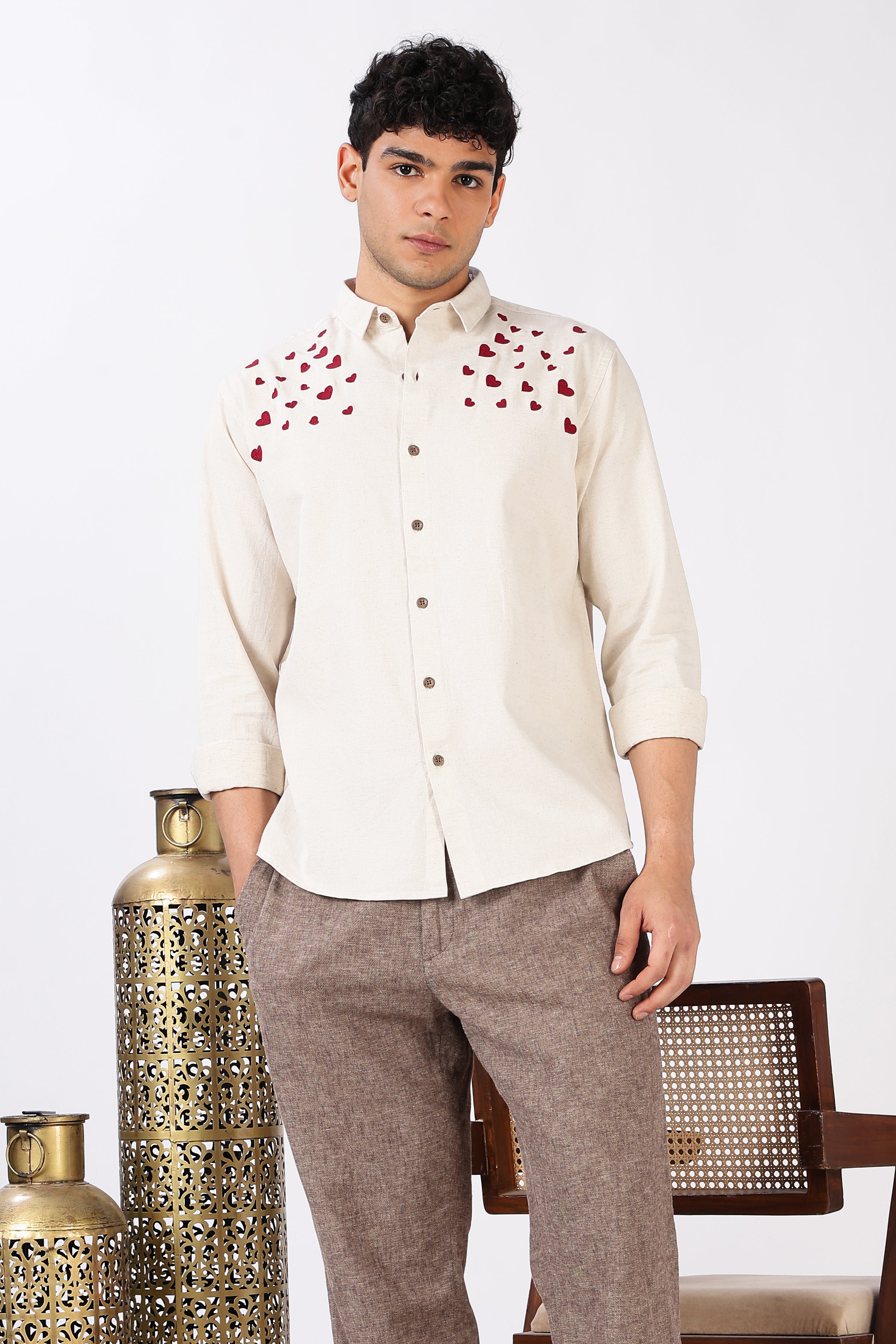 Hearts Flowing Cotton Regular Fit Beige Embroidered Shirt