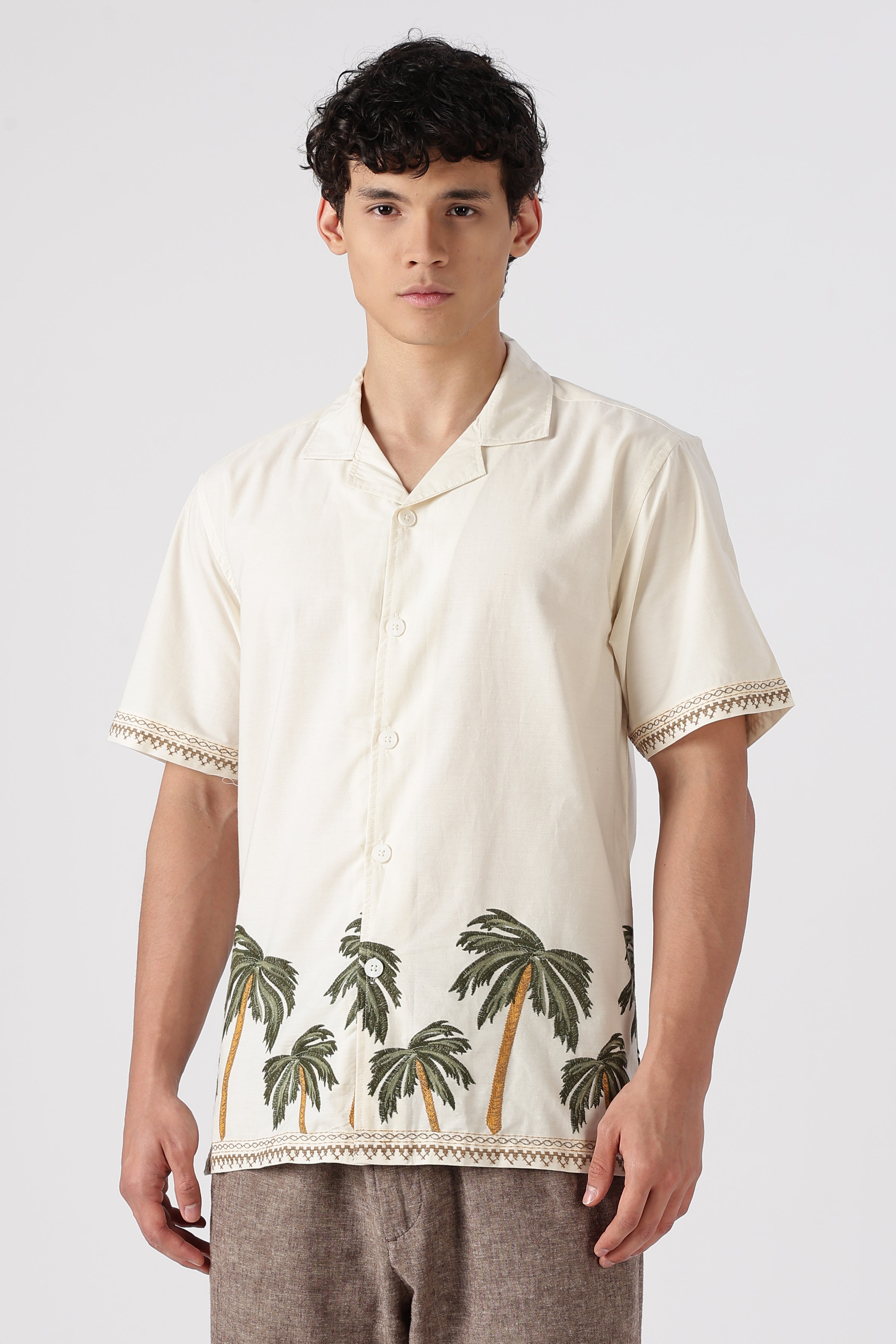 Coastal Palms Cotton Box Fit Beige Embroidered Shirt