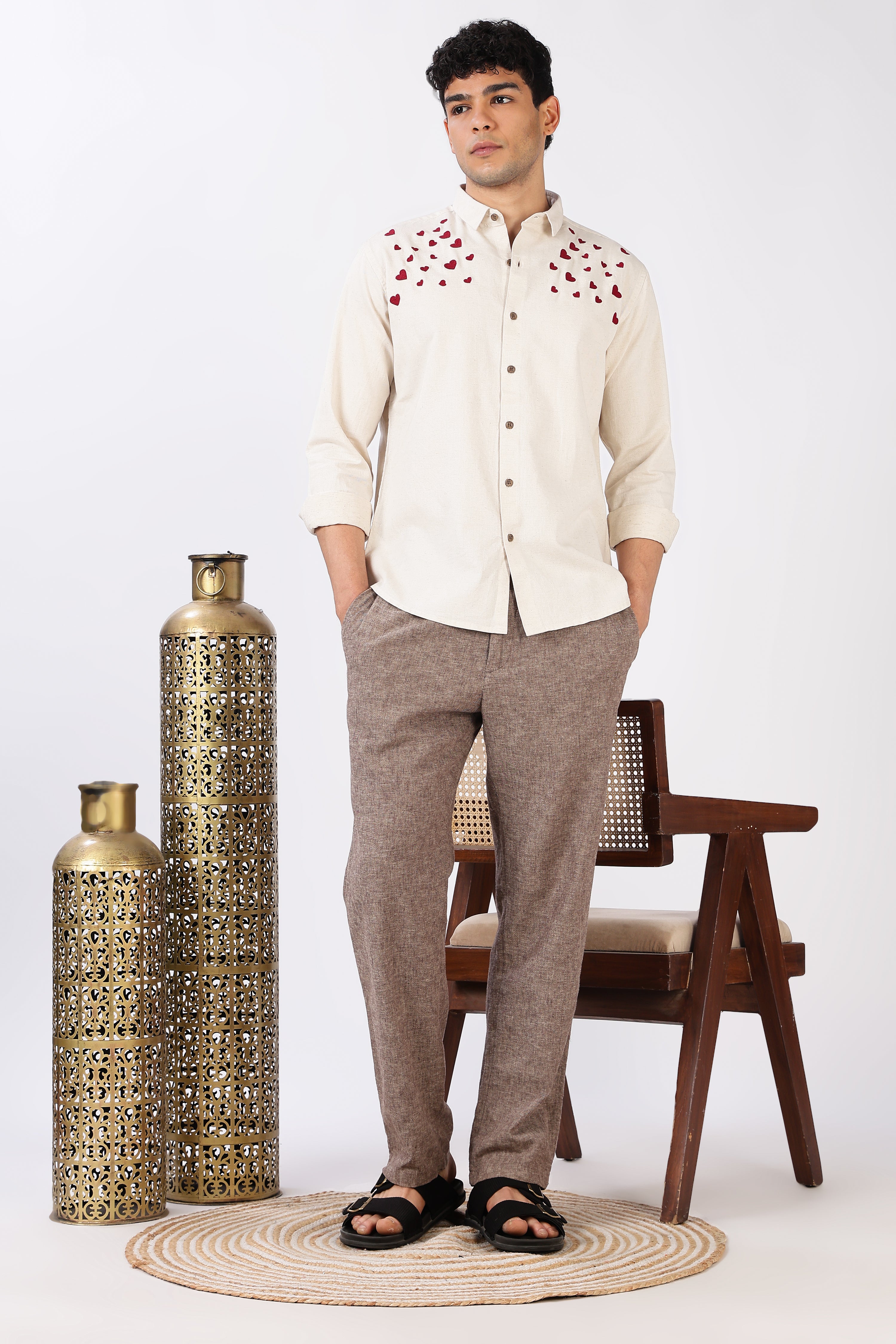 Hearts Flowing Cotton Regular Fit Beige Embroidered Shirt