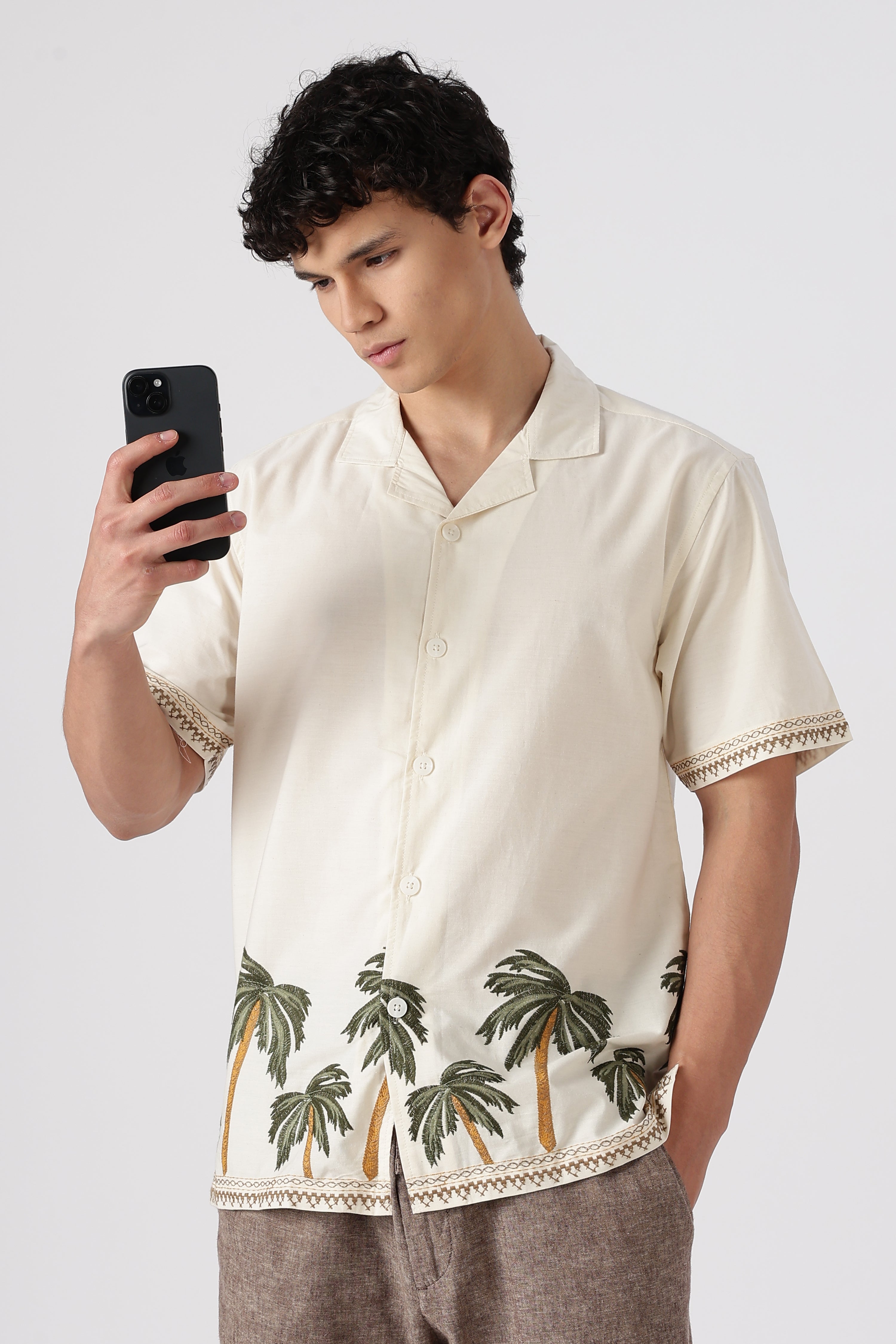 Coastal Palms Cotton Box Fit Beige Embroidered Shirt