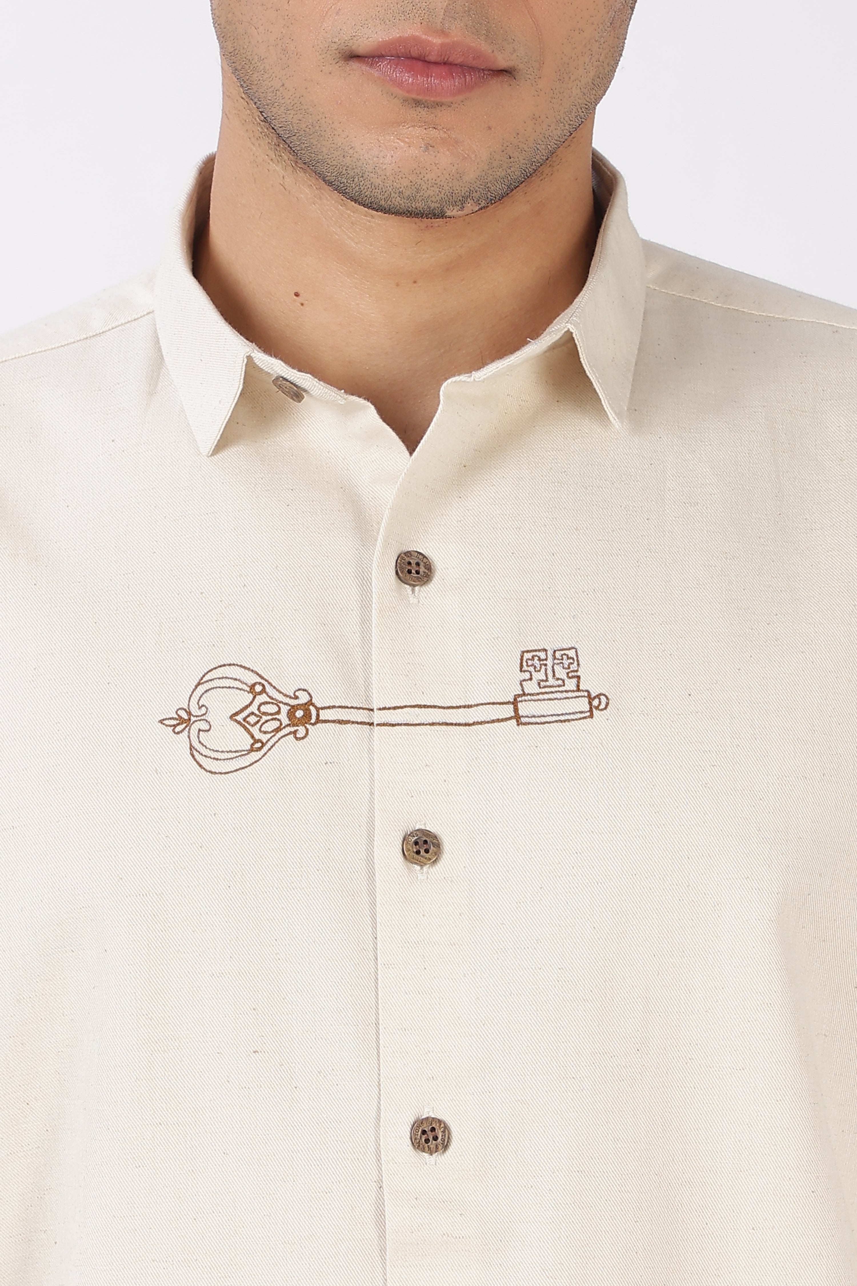 Key & Lock Cotton Regular Fit Beige Embroidered Shirt