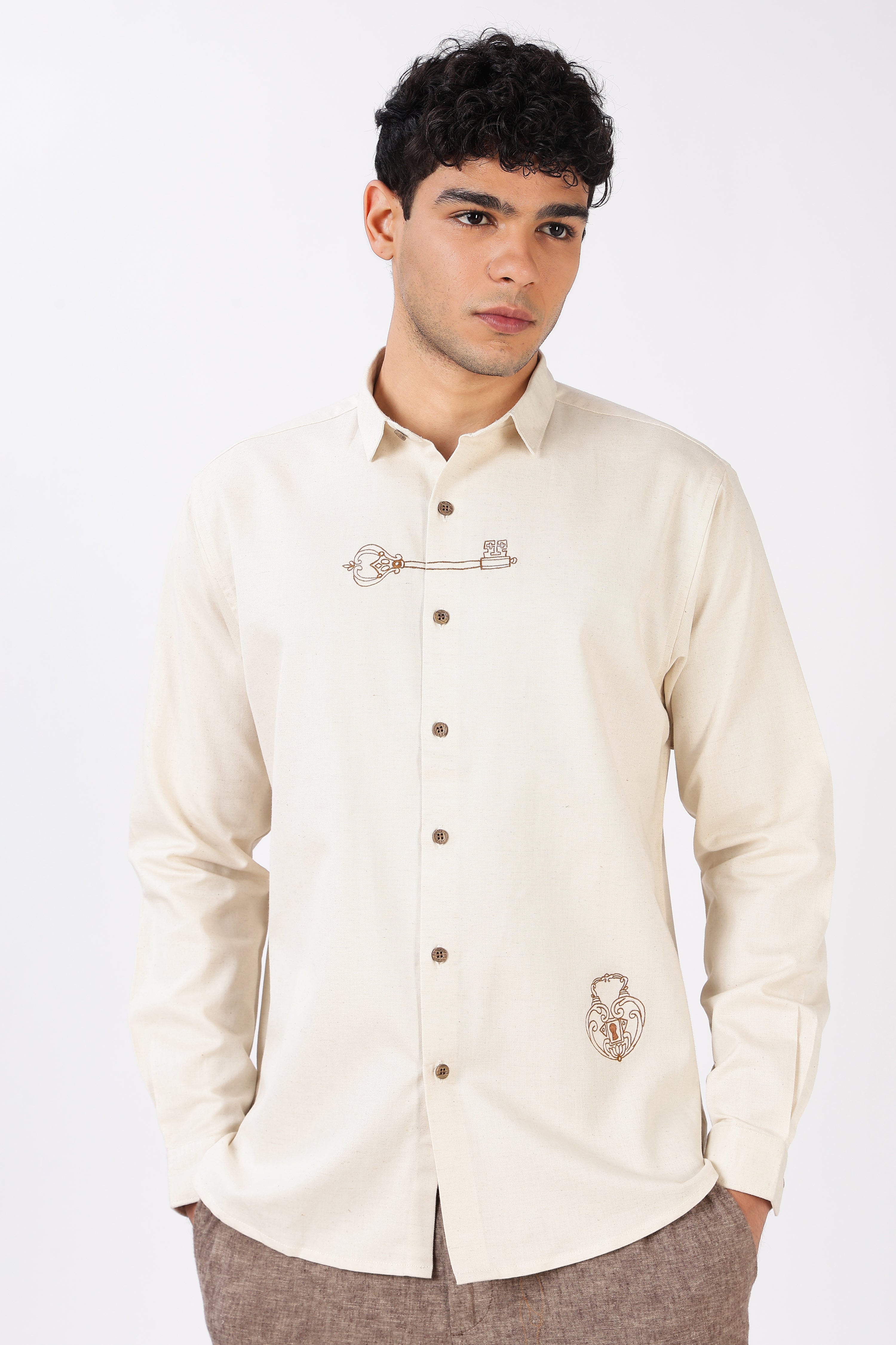 Key & Lock Cotton Regular Fit Beige Embroidered Shirt