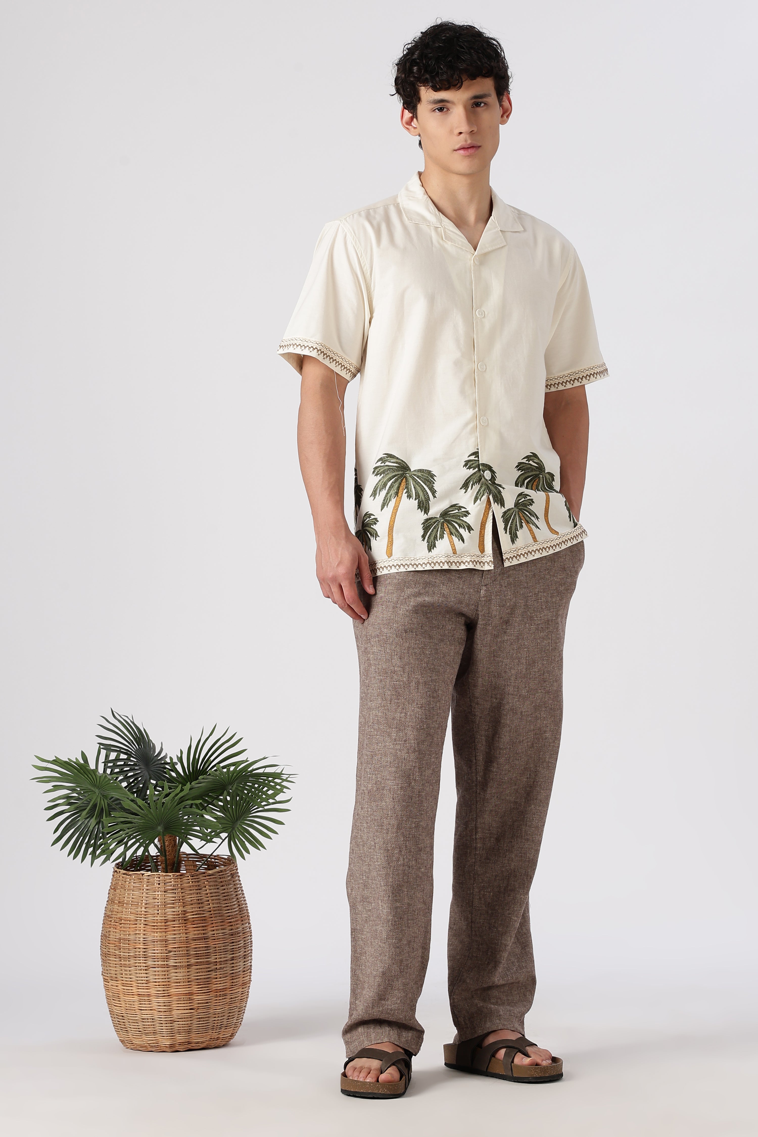 Coastal Palms Cotton Box Fit Beige Embroidered Shirt