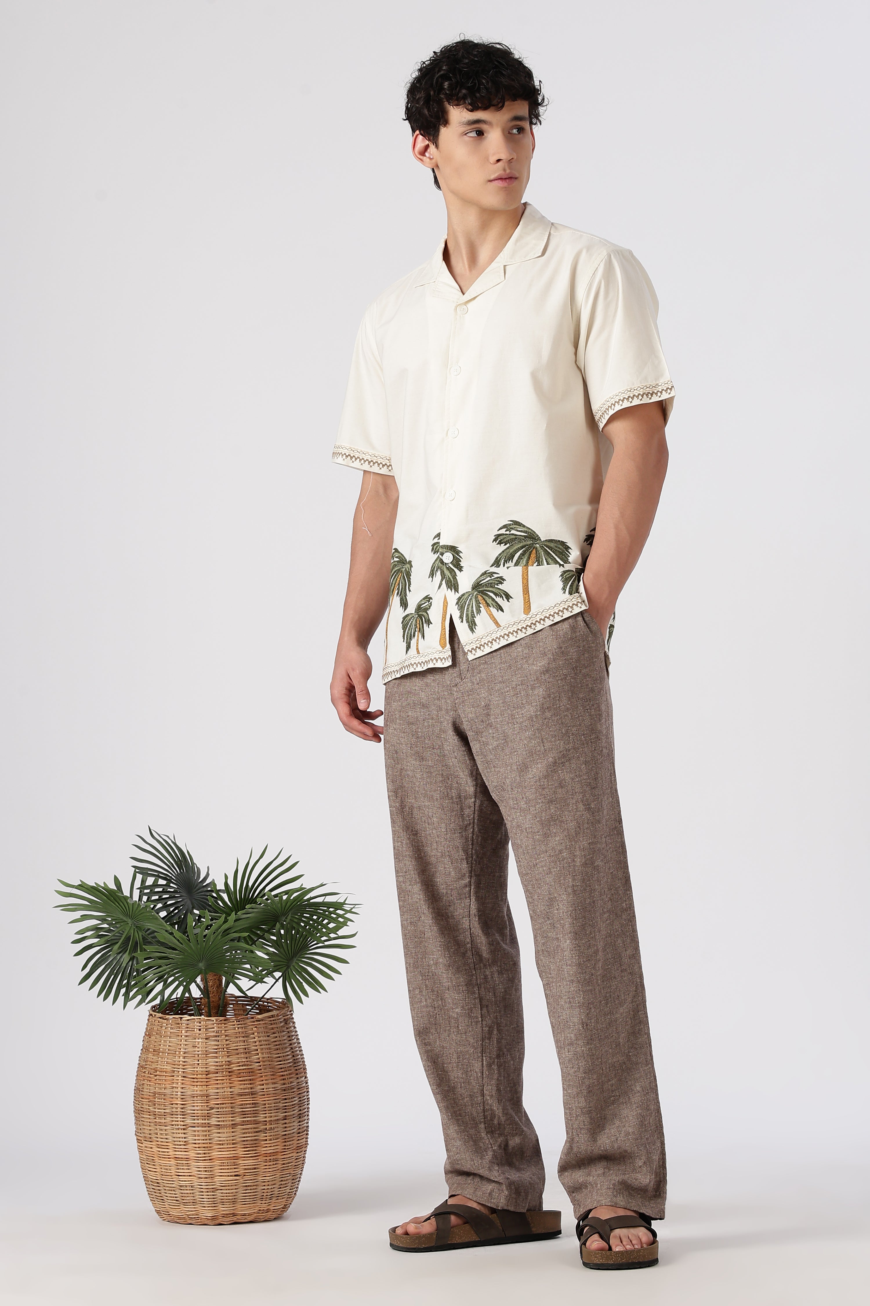 Coastal Palms Cotton Box Fit Beige Embroidered Shirt