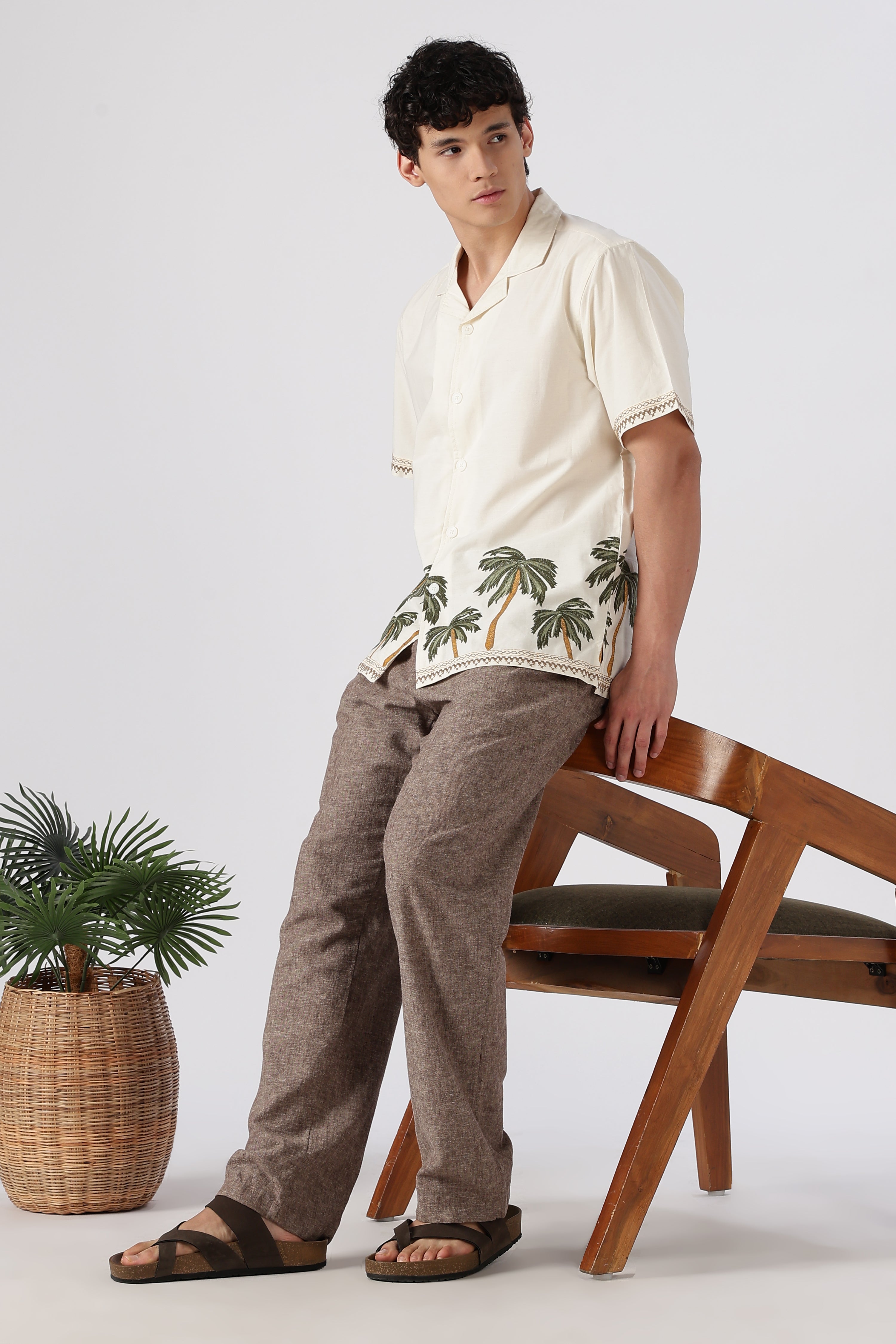 Coastal Palms Cotton Box Fit Beige Embroidered Shirt