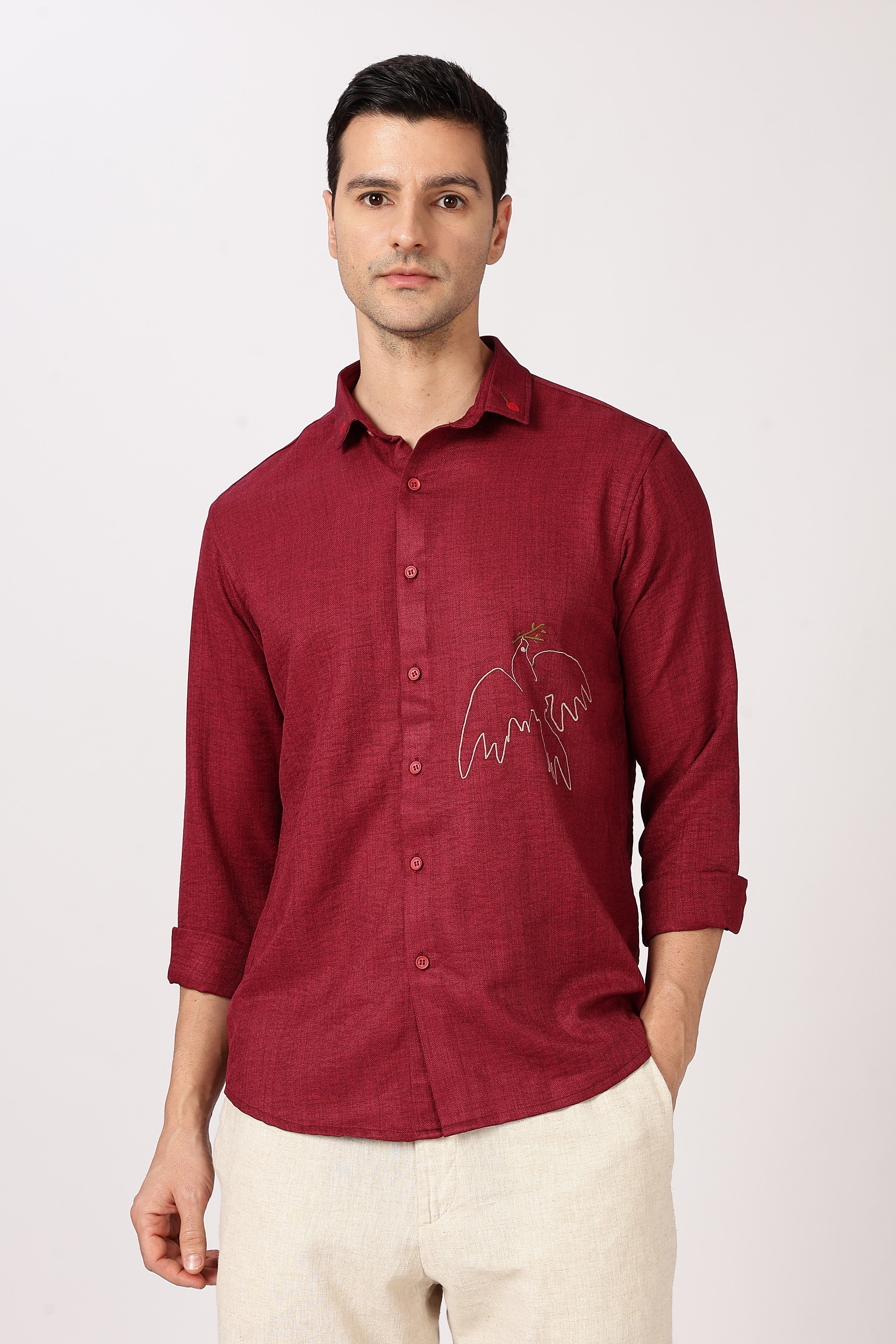 Peace Dove Cotton Regular Fit Maroon Embroidered Shirt