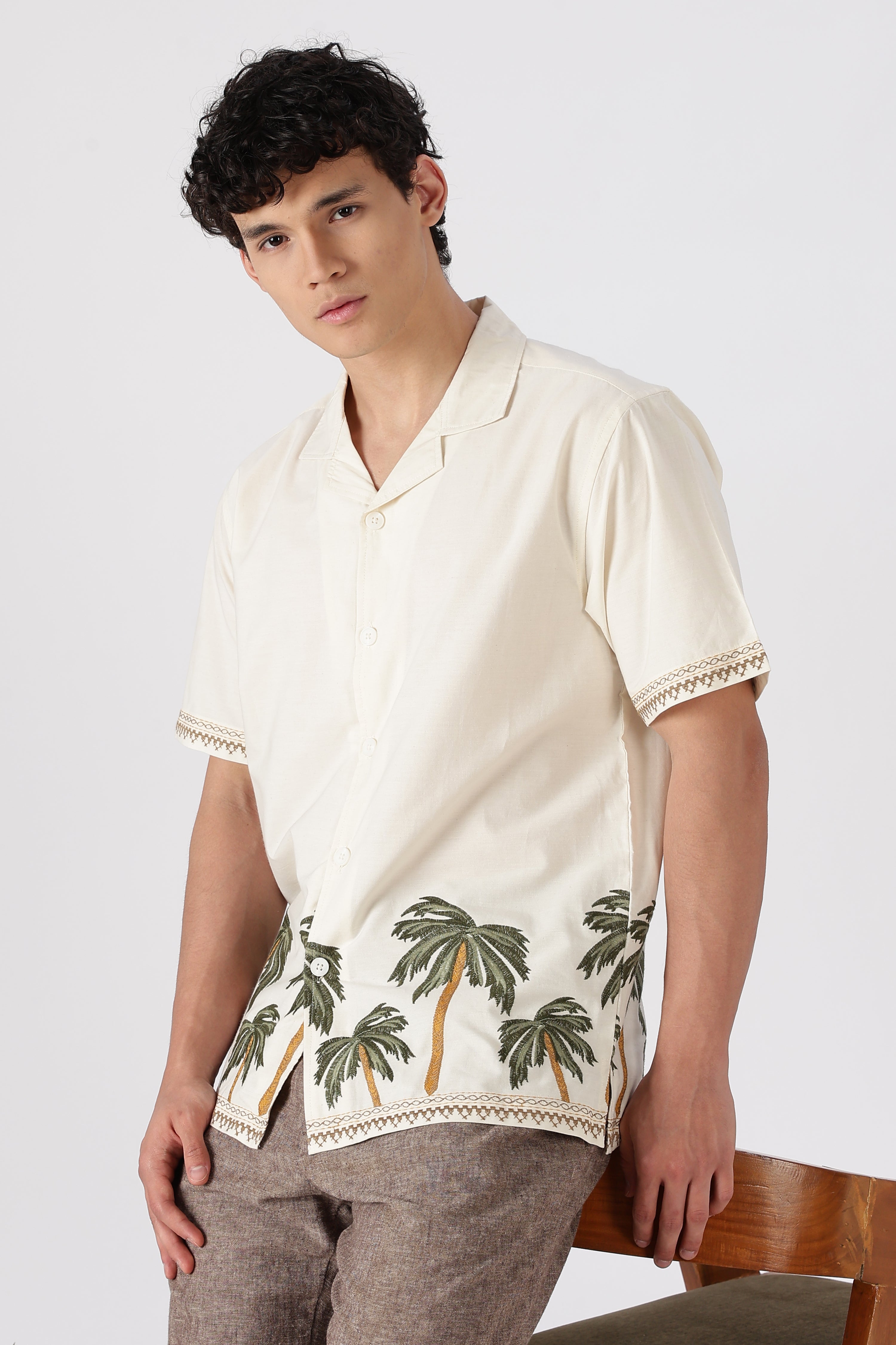 Coastal Palms Cotton Box Fit Beige Embroidered Shirt
