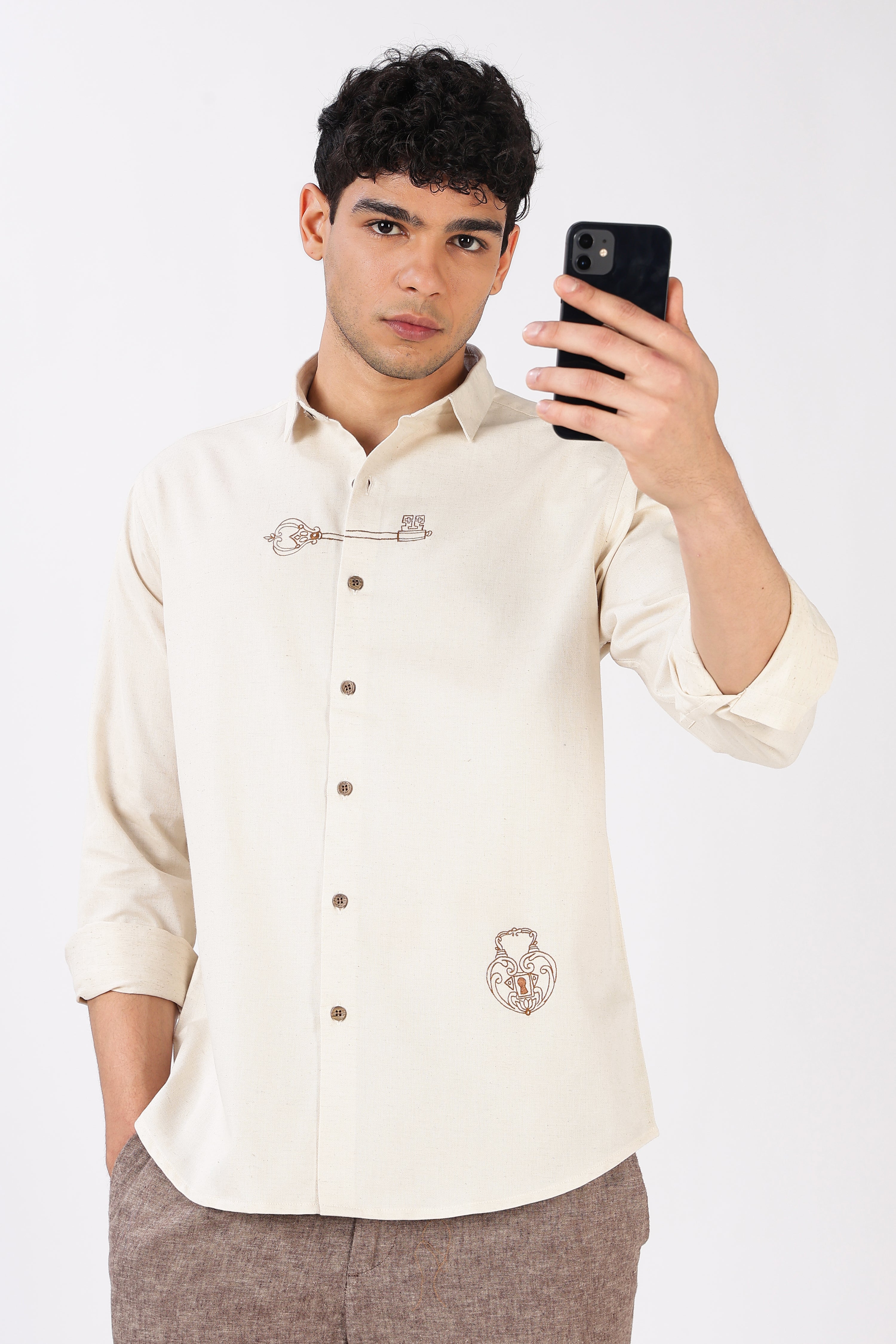 Key & Lock Cotton Regular Fit Beige Embroidered Shirt