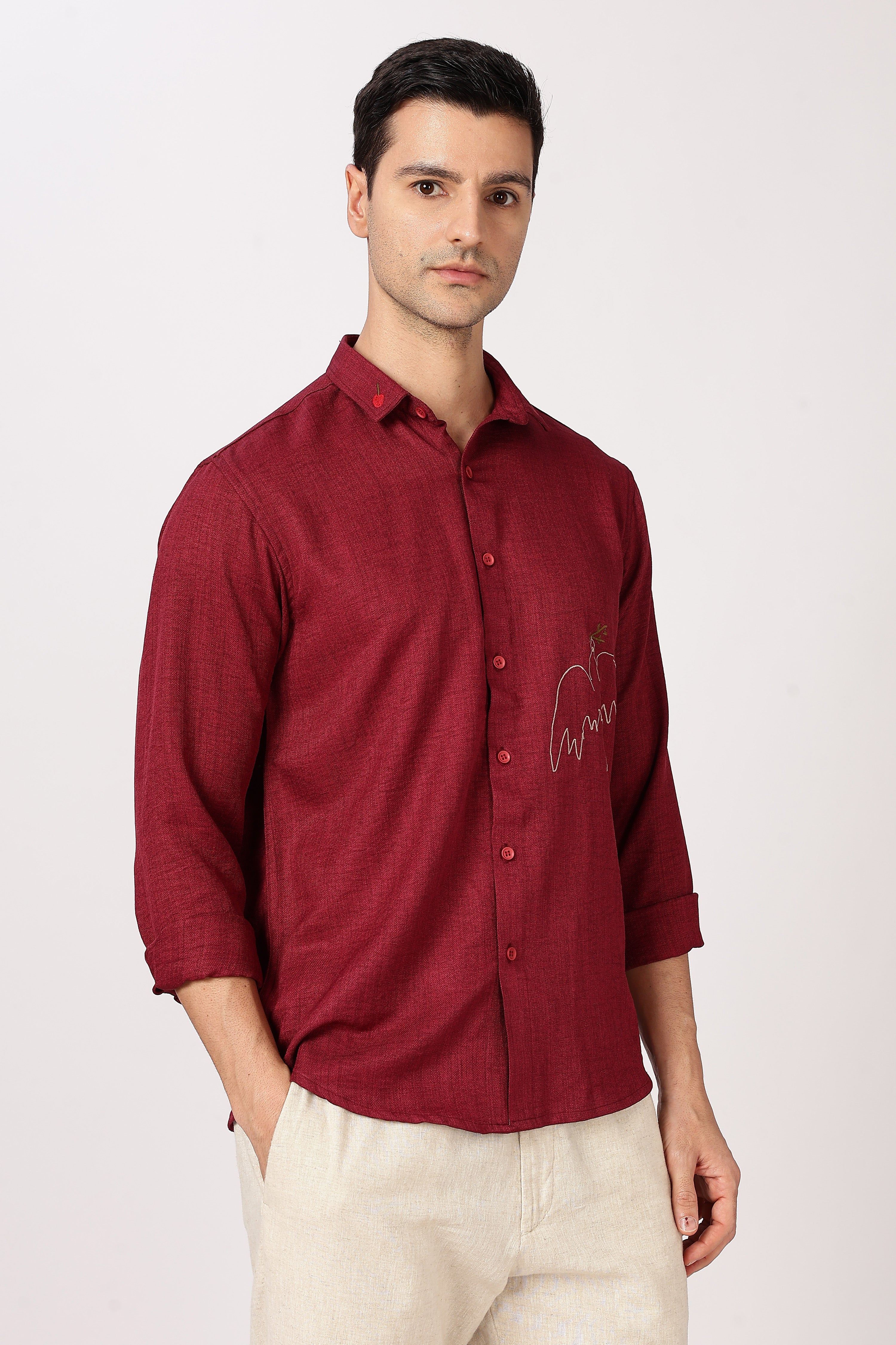Peace Dove Cotton Regular Fit Maroon Embroidered Shirt