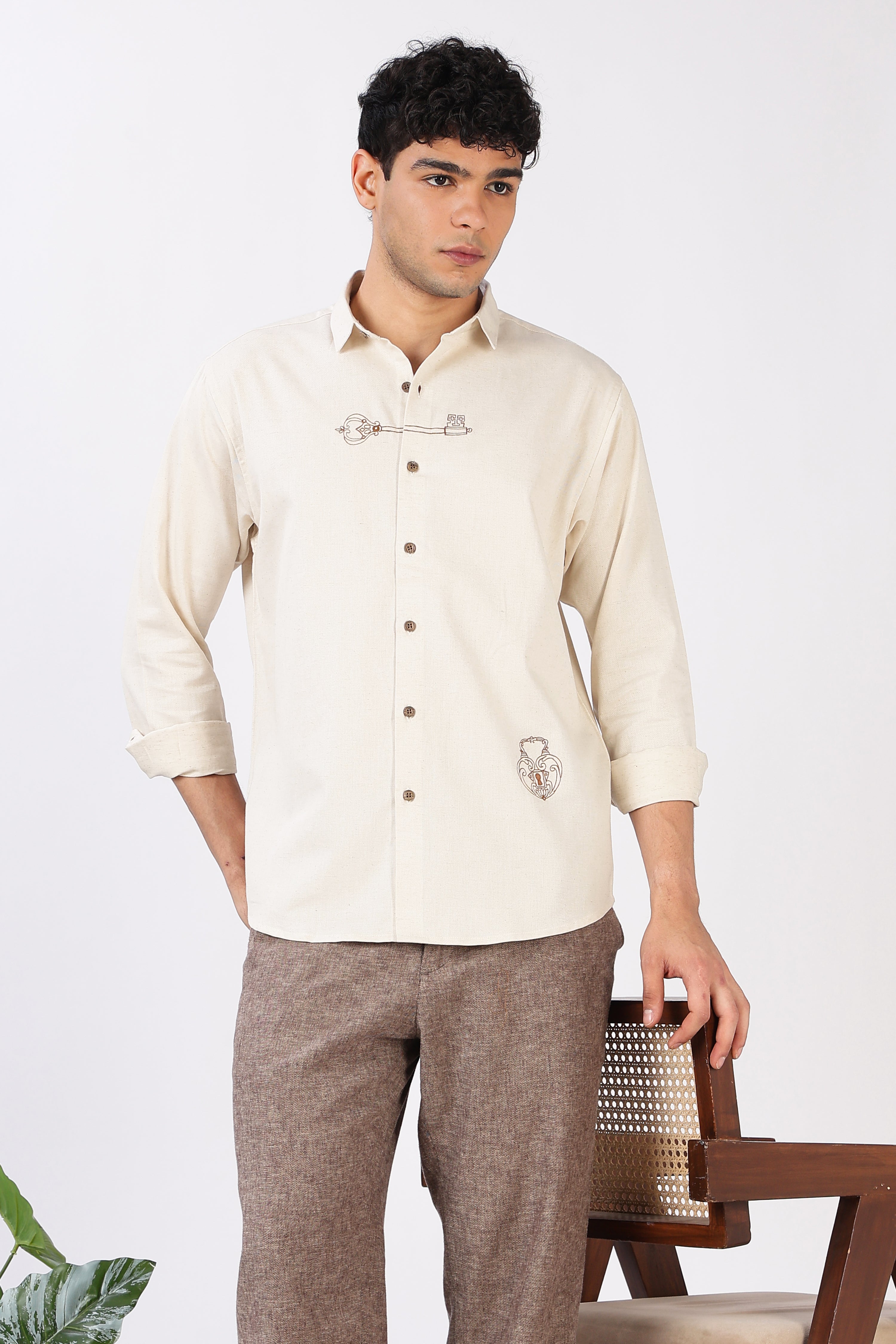 Key & Lock Cotton Regular Fit Beige Embroidered Shirt