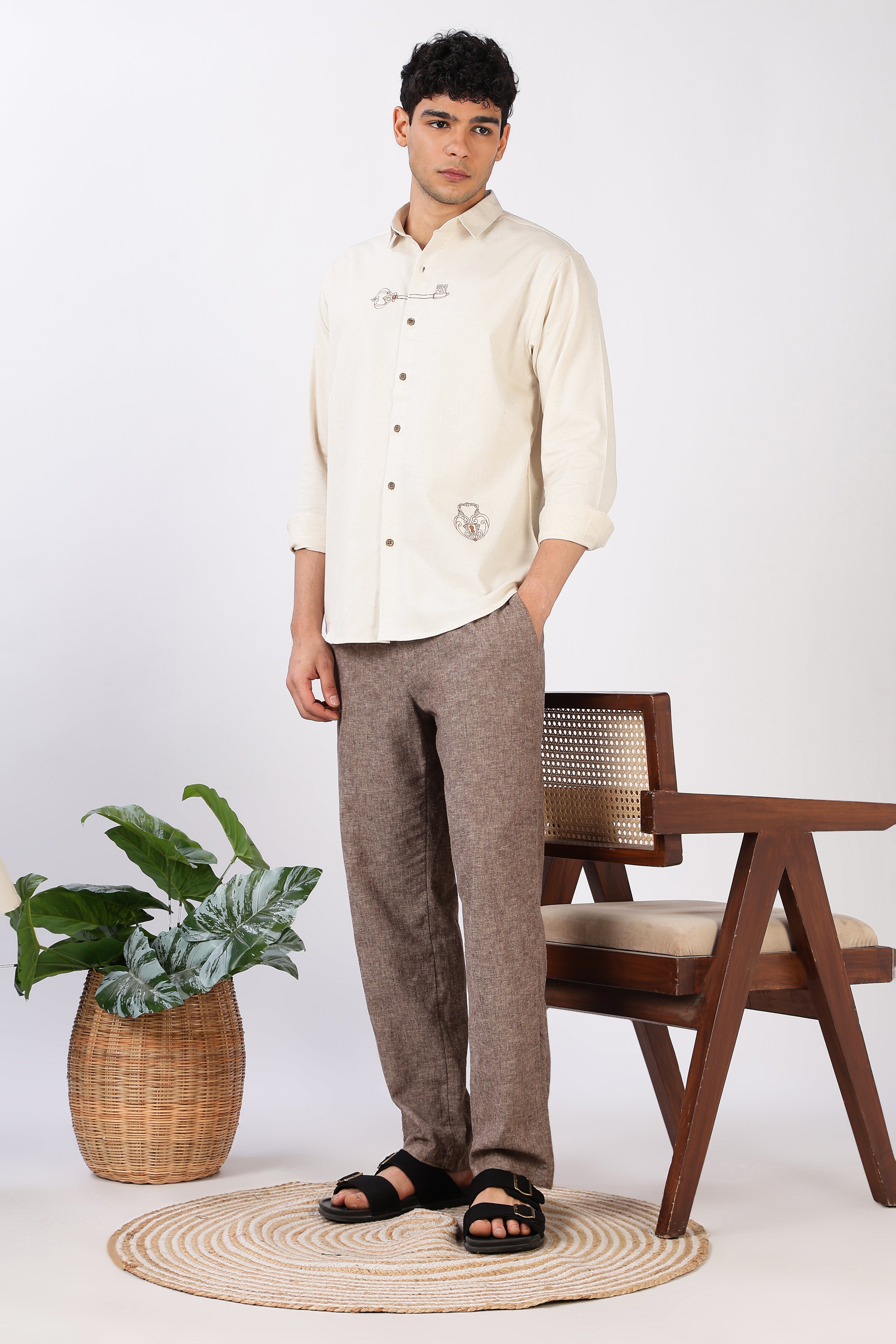 Key & Lock Cotton Regular Fit Beige Embroidered Shirt