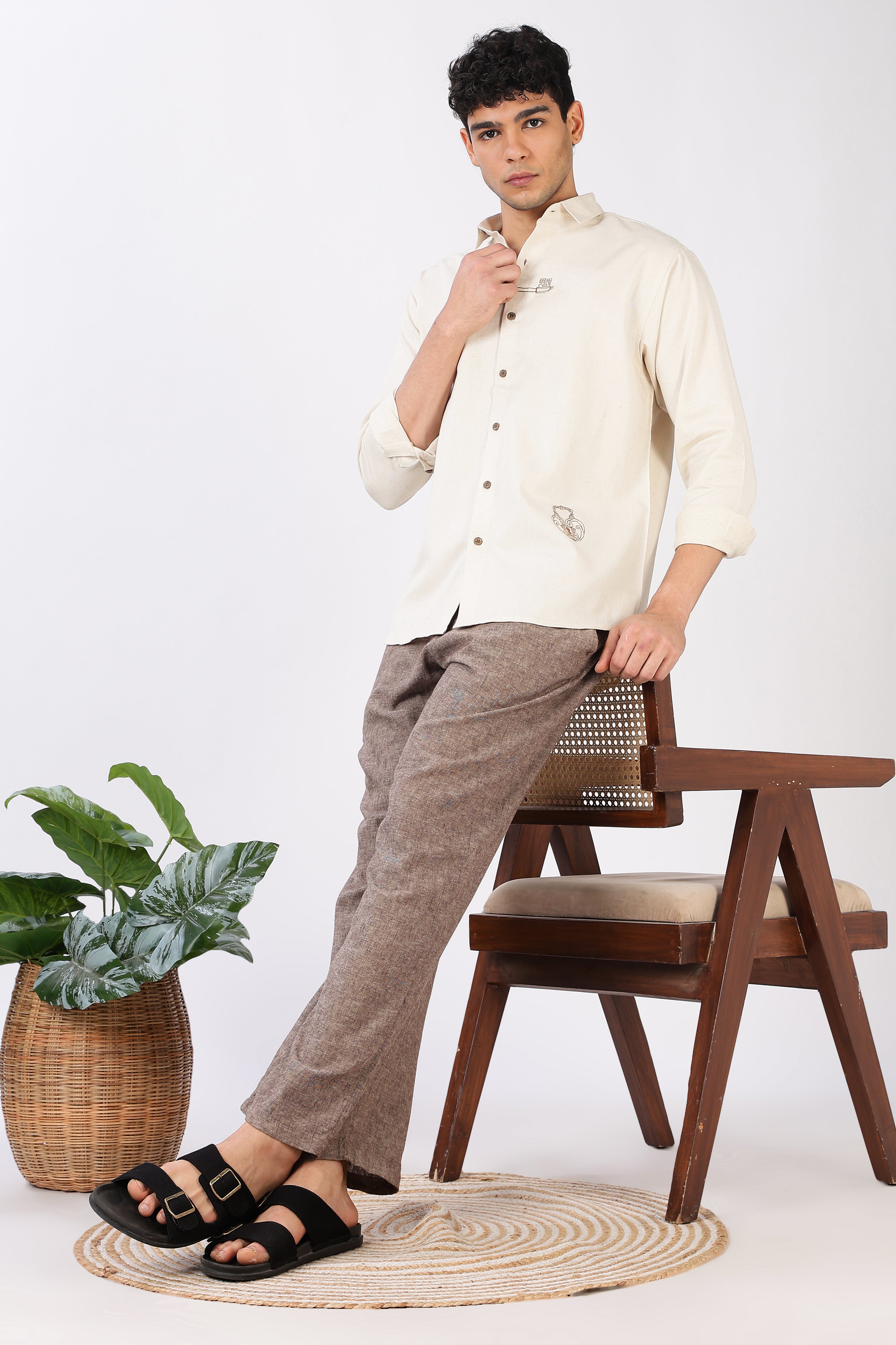 Key & Lock Cotton Regular Fit Beige Embroidered Shirt