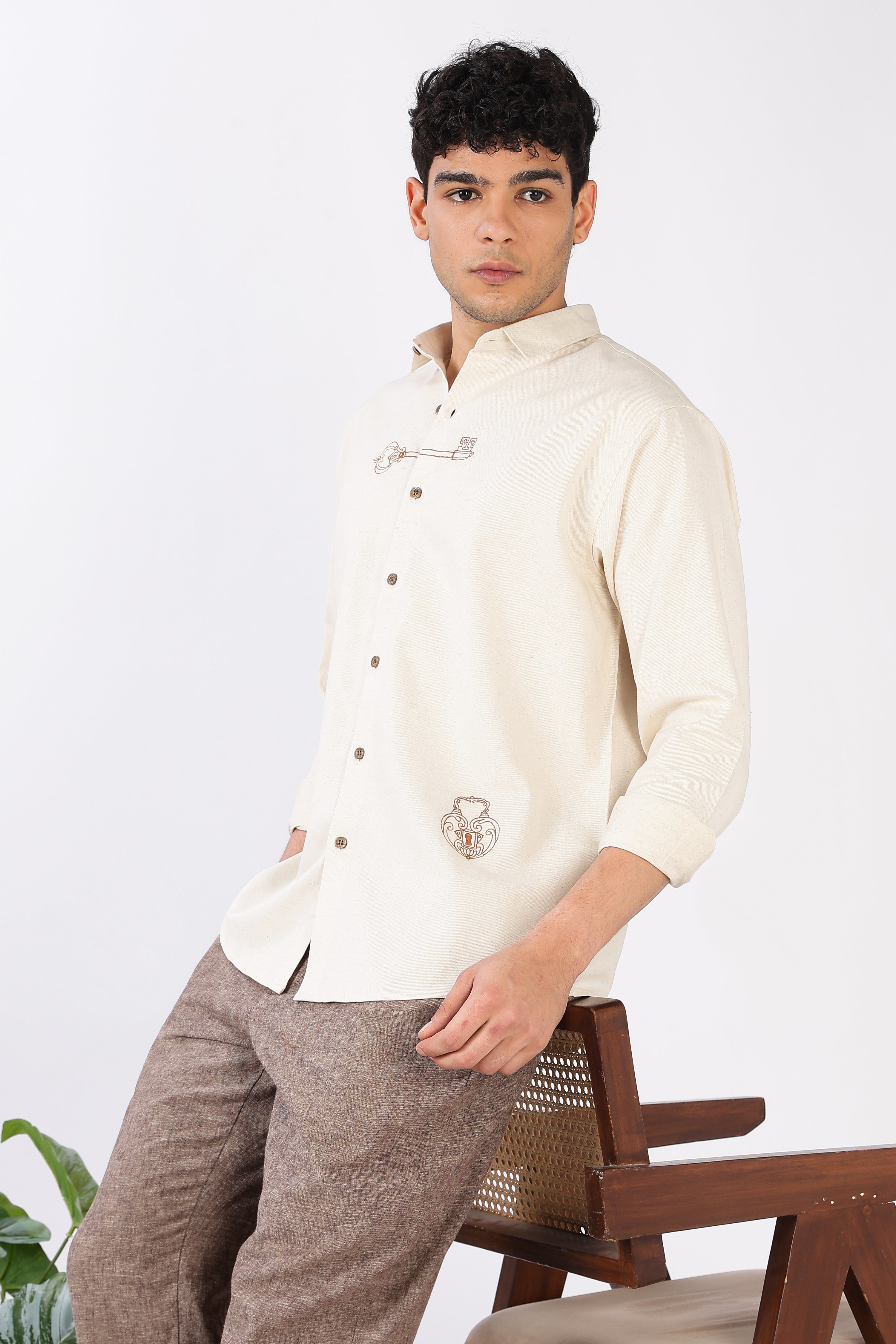 Key & Lock Cotton Regular Fit Beige Embroidered Shirt