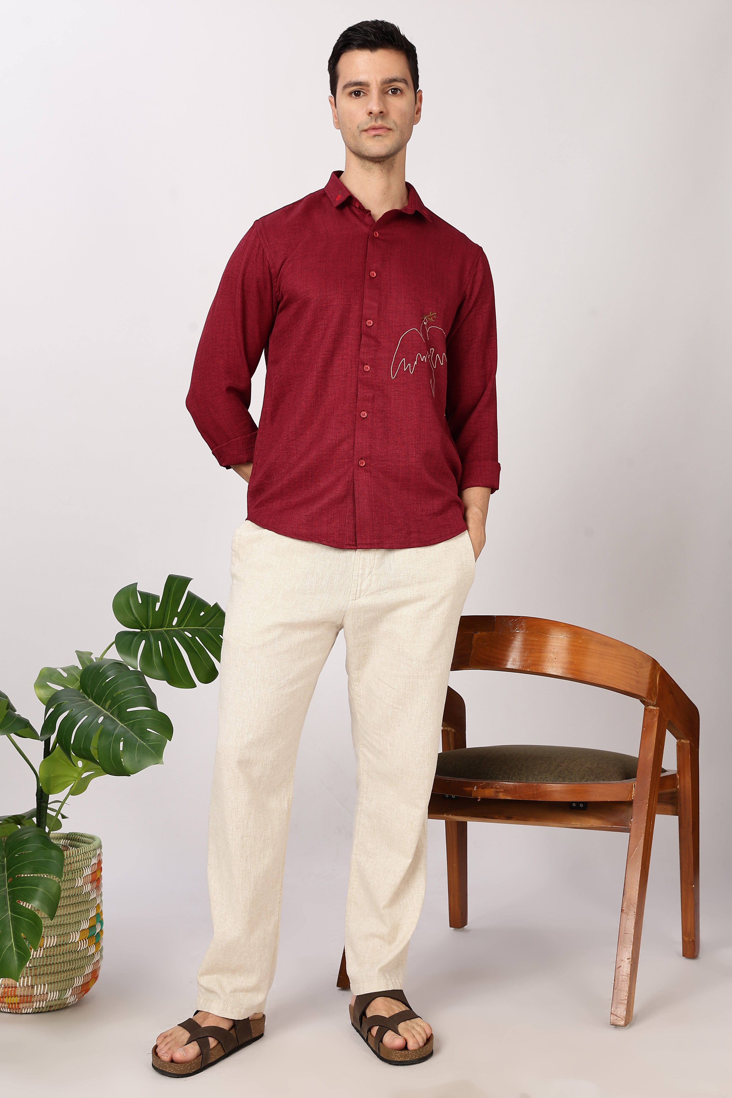 Peace Dove Cotton Regular Fit Maroon Embroidered Shirt