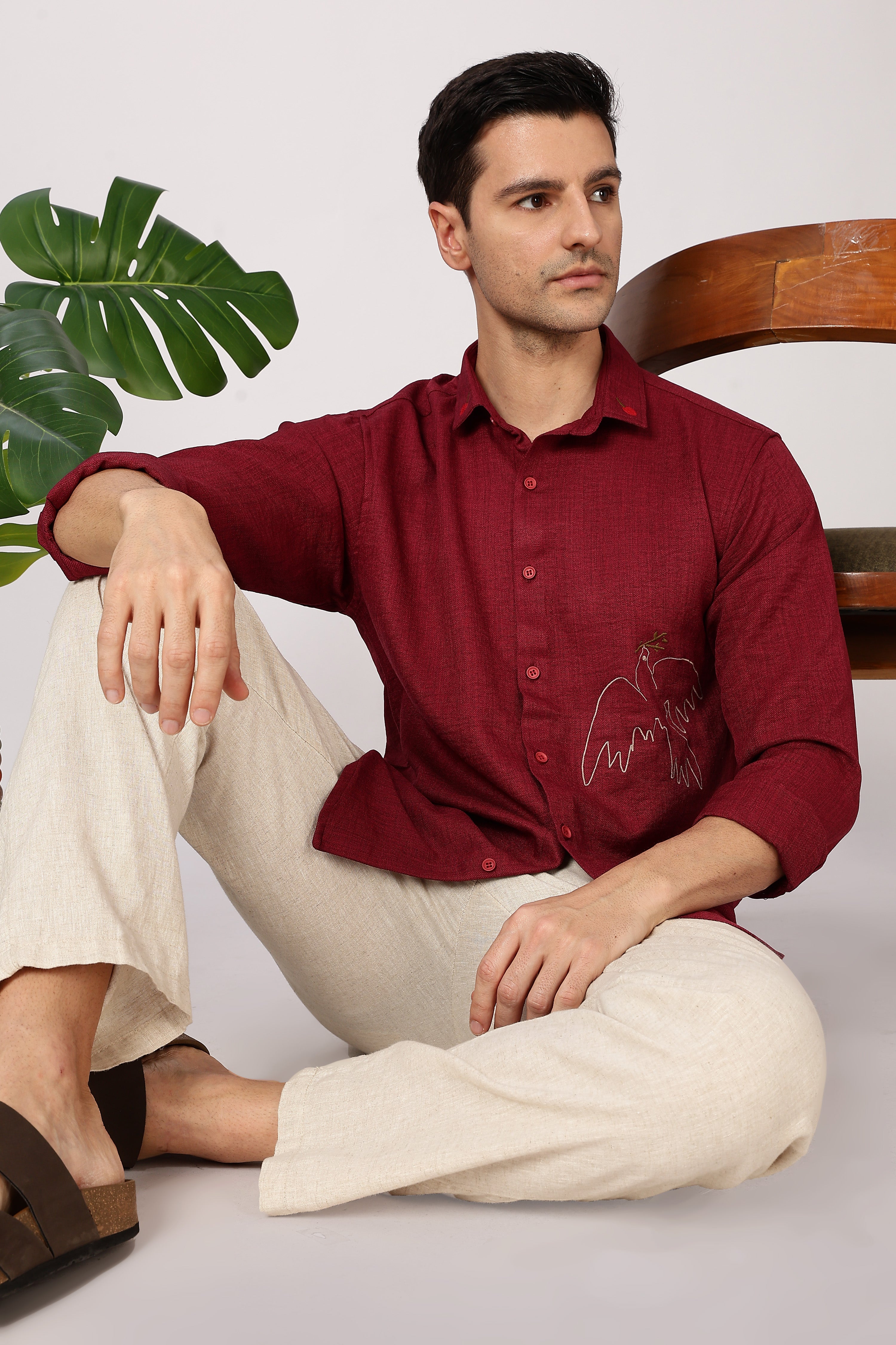 Peace Dove Cotton Regular Fit Maroon Embroidered Shirt