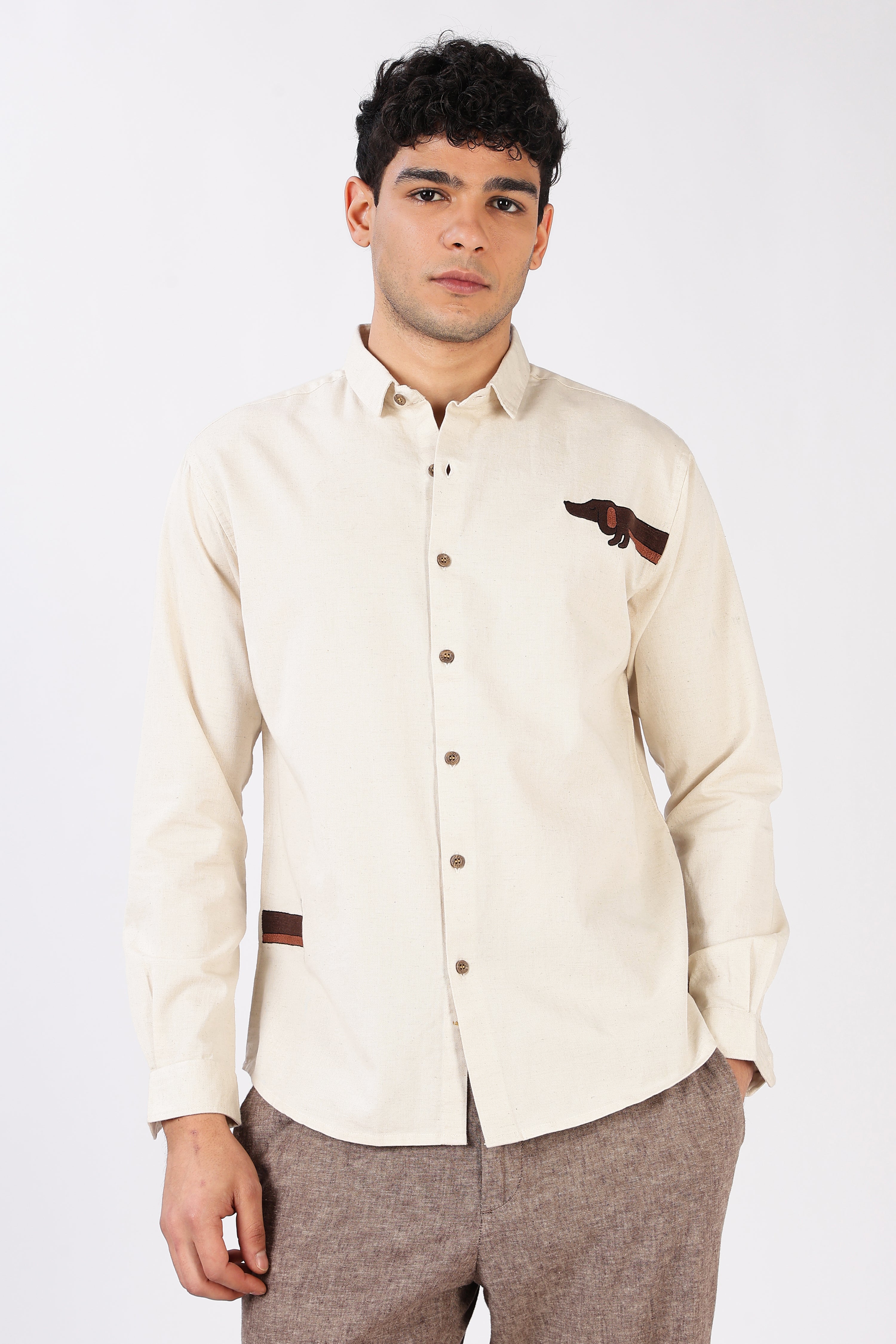 Playful Dachshund Cotton Regular Fit Beige Embroidered Shirt