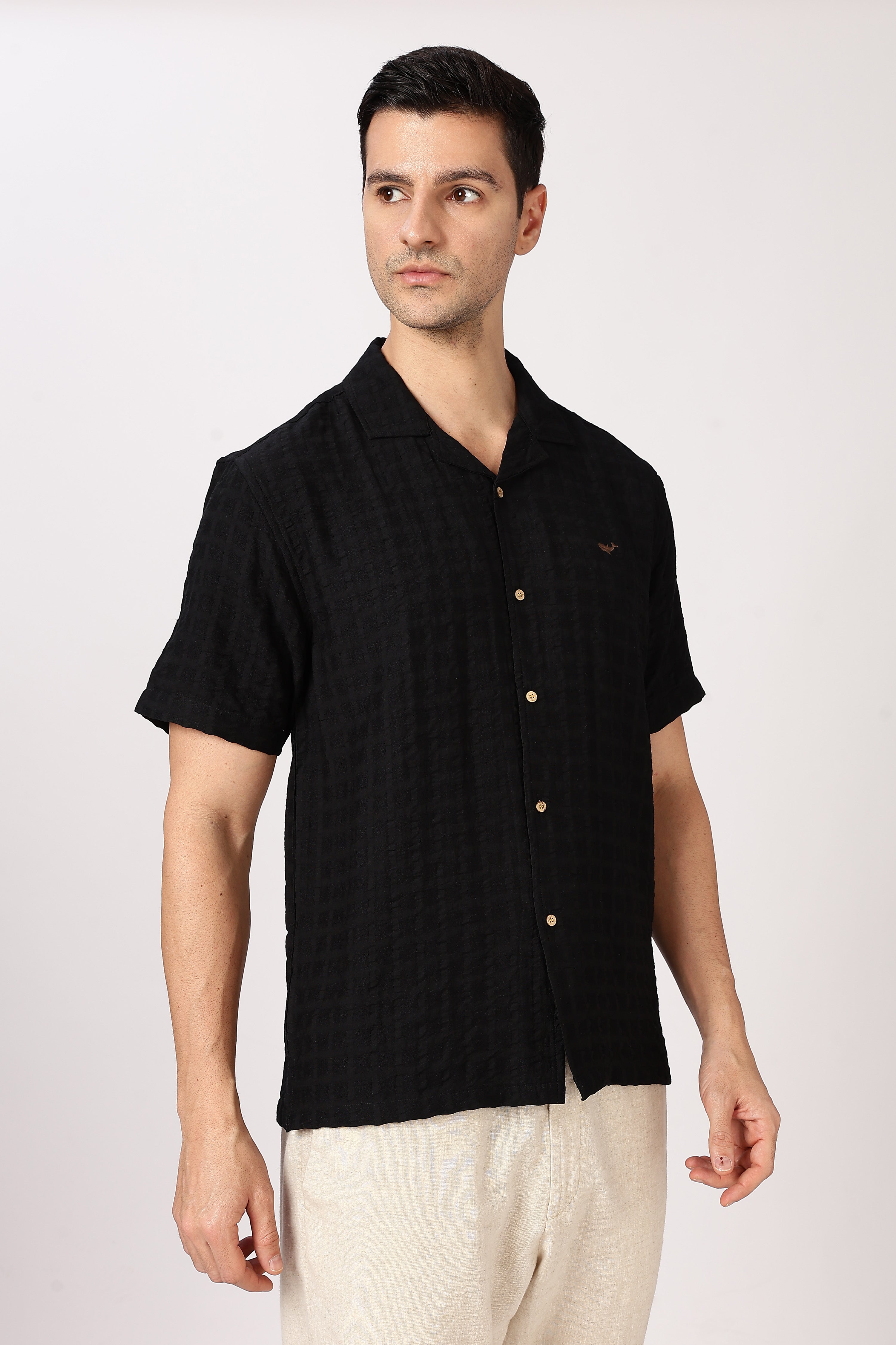 Black Textured Half-Sleeve Cuban Collar Shirt