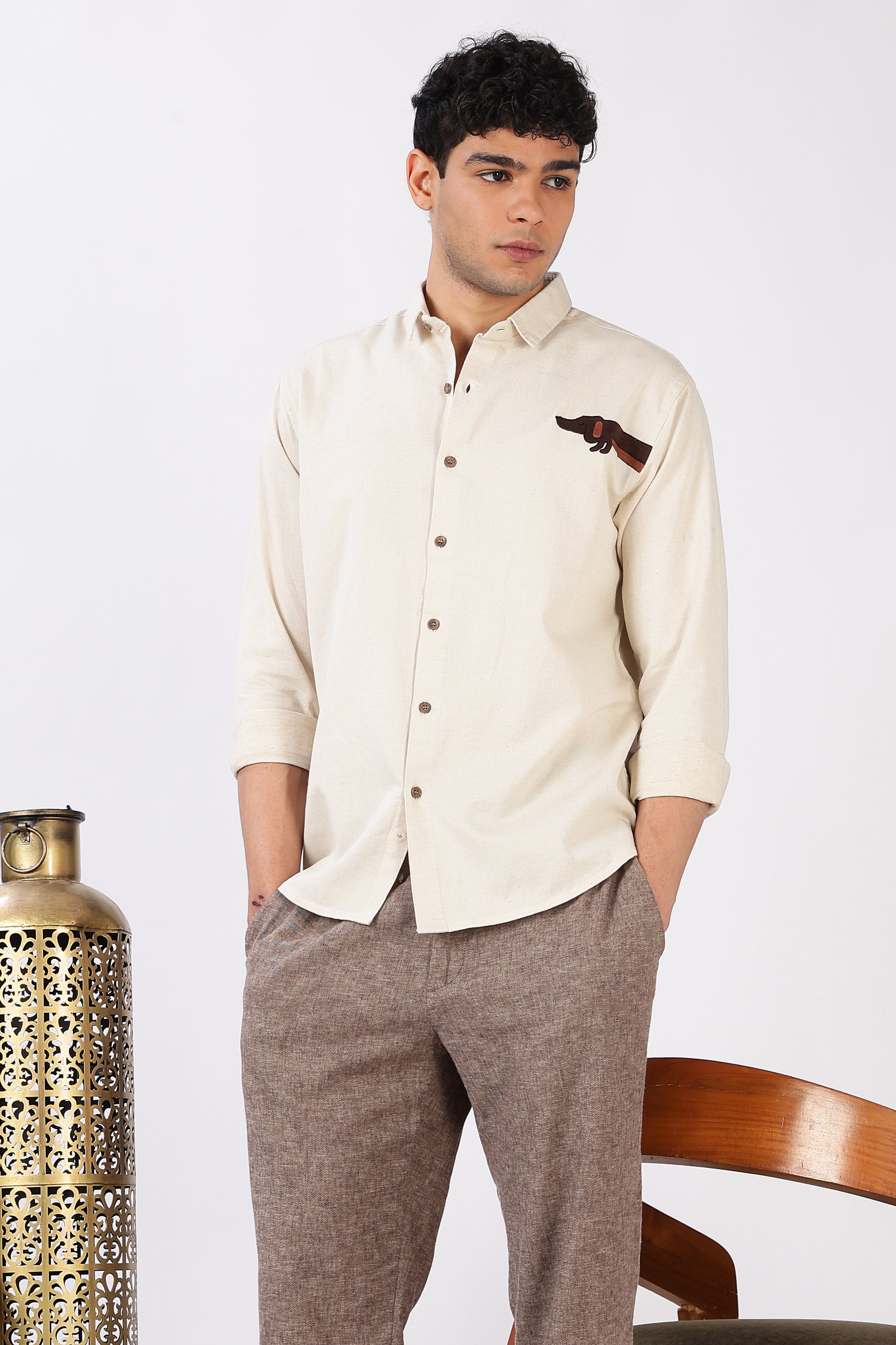Playful Dachshund Cotton Regular Fit Beige Embroidered Shirt