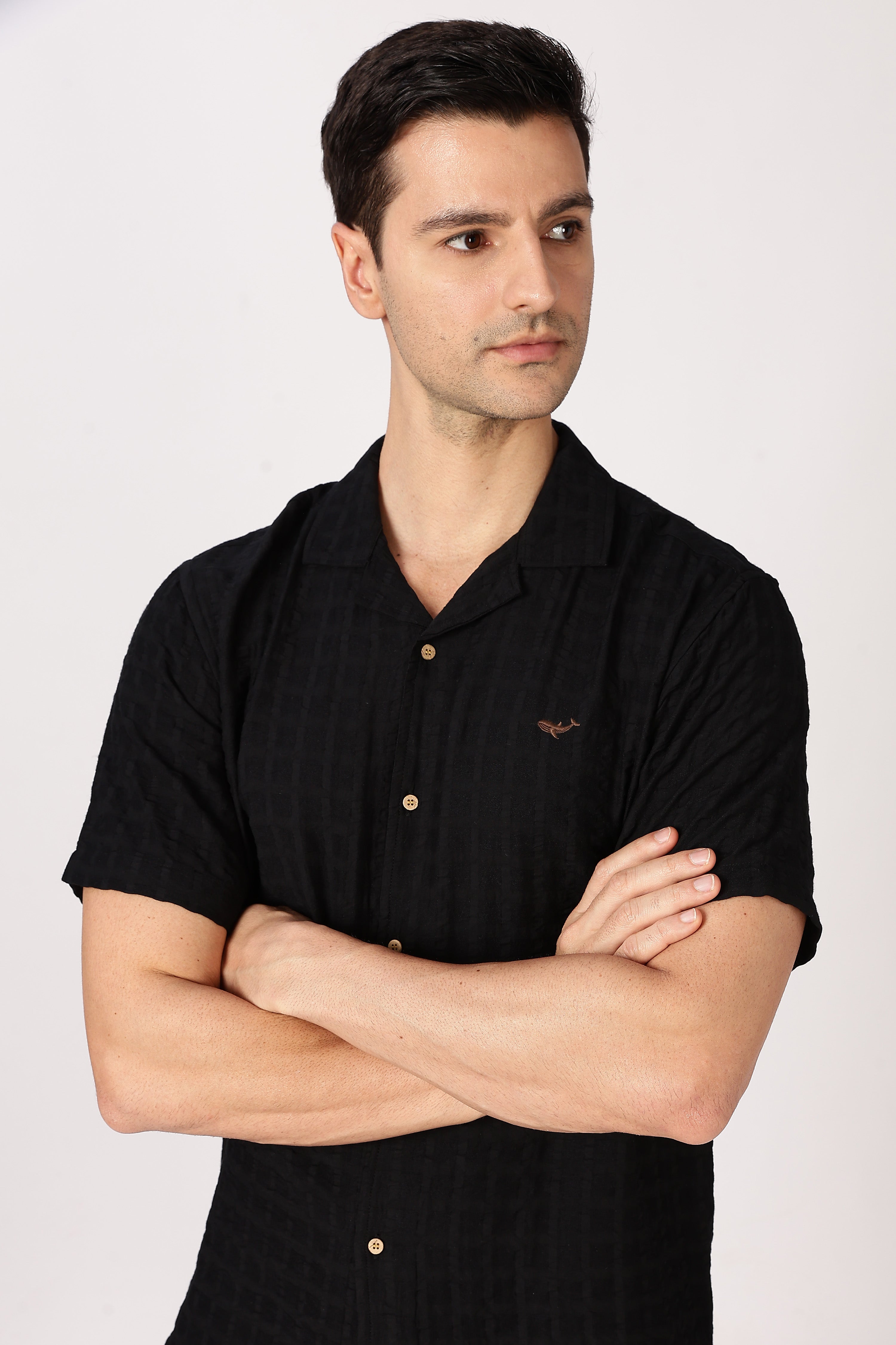 Black Textured Half-Sleeve Cuban Collar Shirt