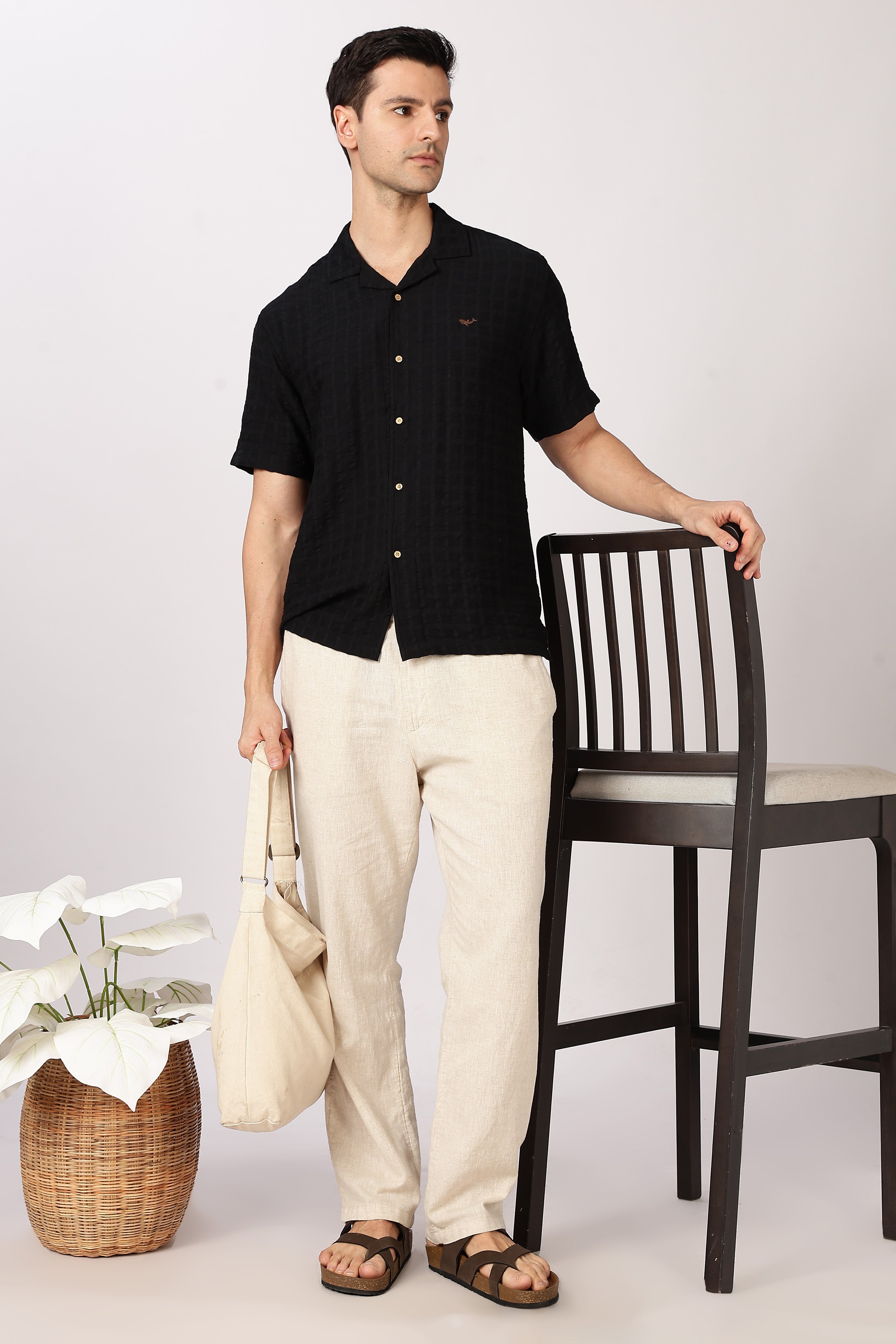 Black Textured Half-Sleeve Cuban Collar Shirt