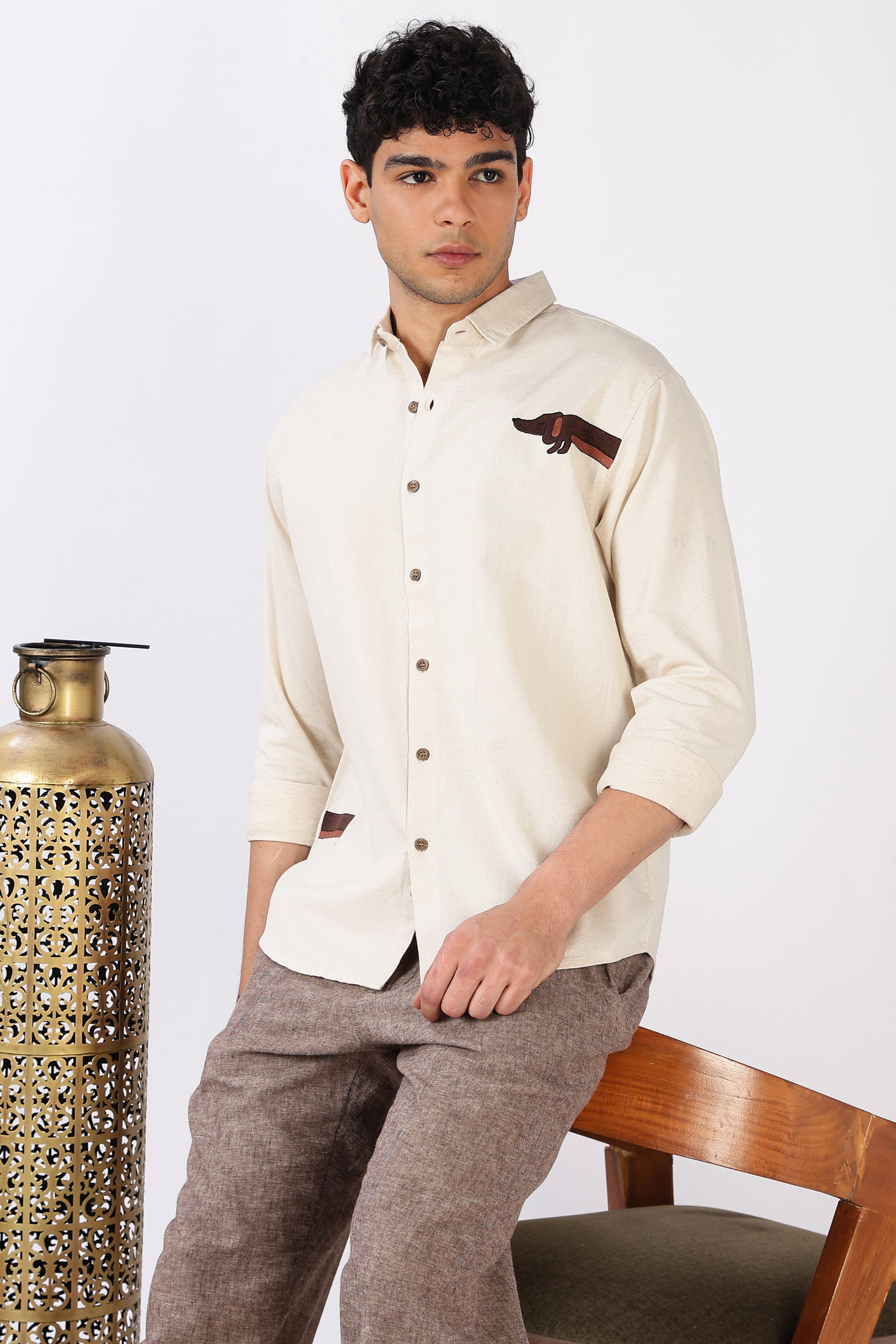 Playful Dachshund Cotton Regular Fit Beige Embroidered Shirt