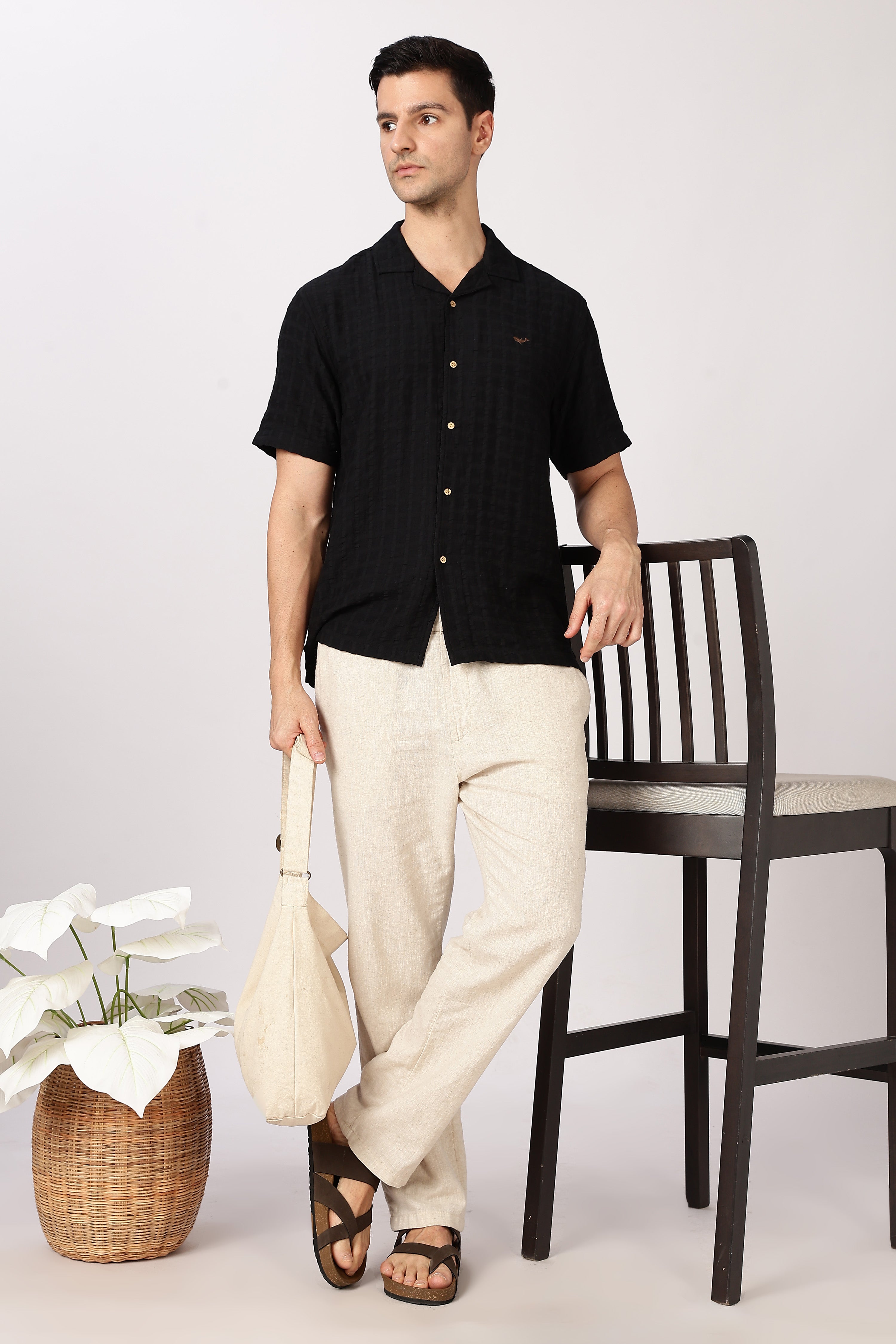 Black Textured Half-Sleeve Cuban Collar Shirt