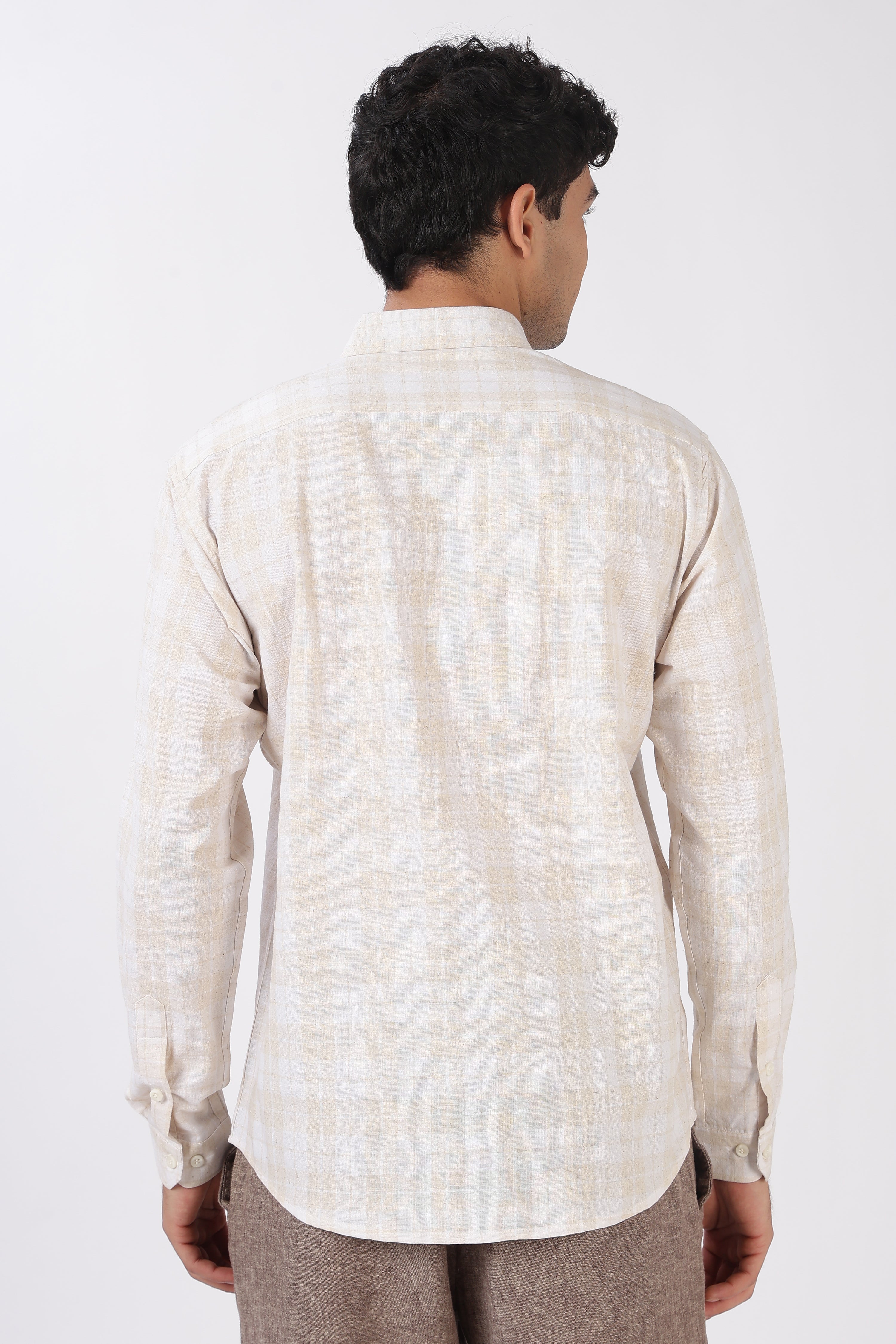 Game Over Cotton Checkered  Regular Fit Beige Embroidered Shirt