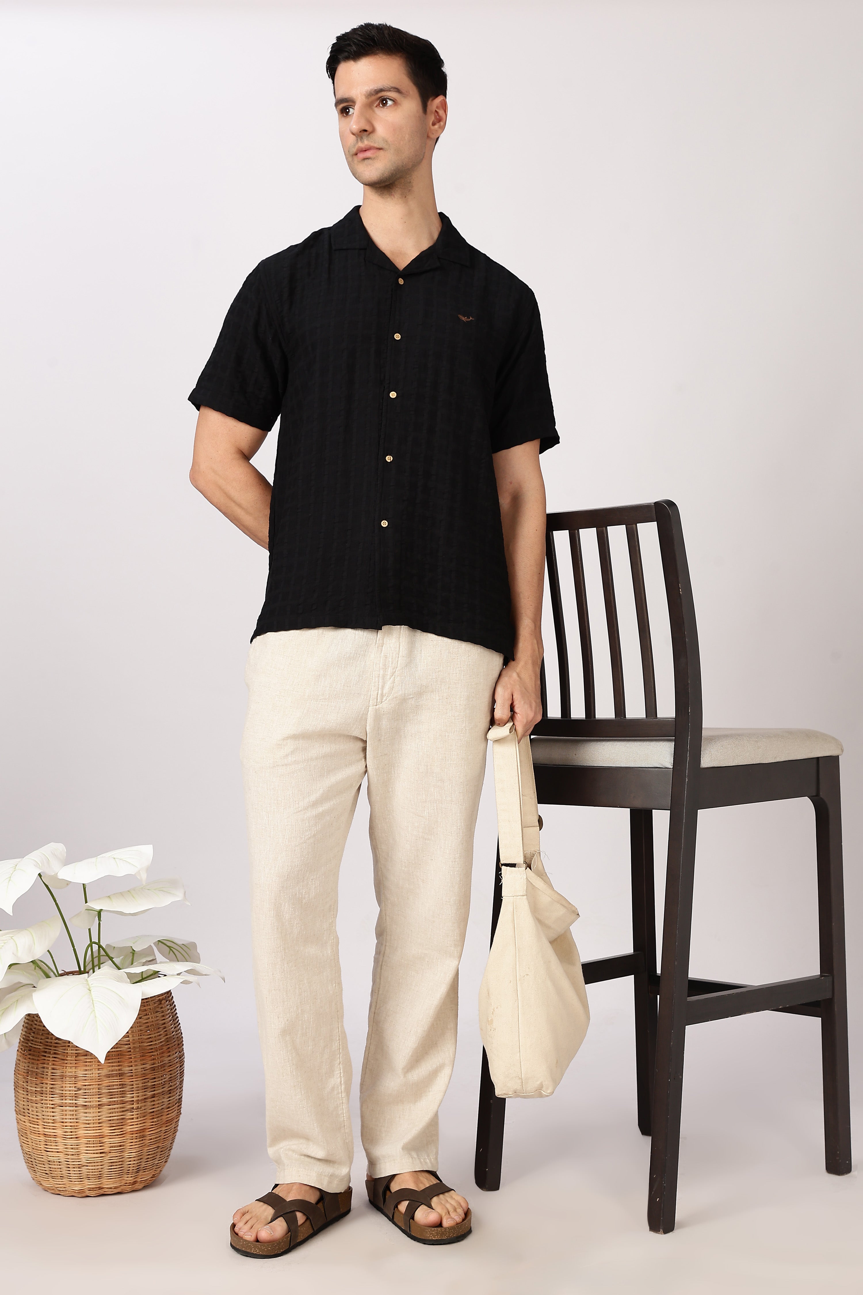 Black Textured Half-Sleeve Cuban Collar Shirt