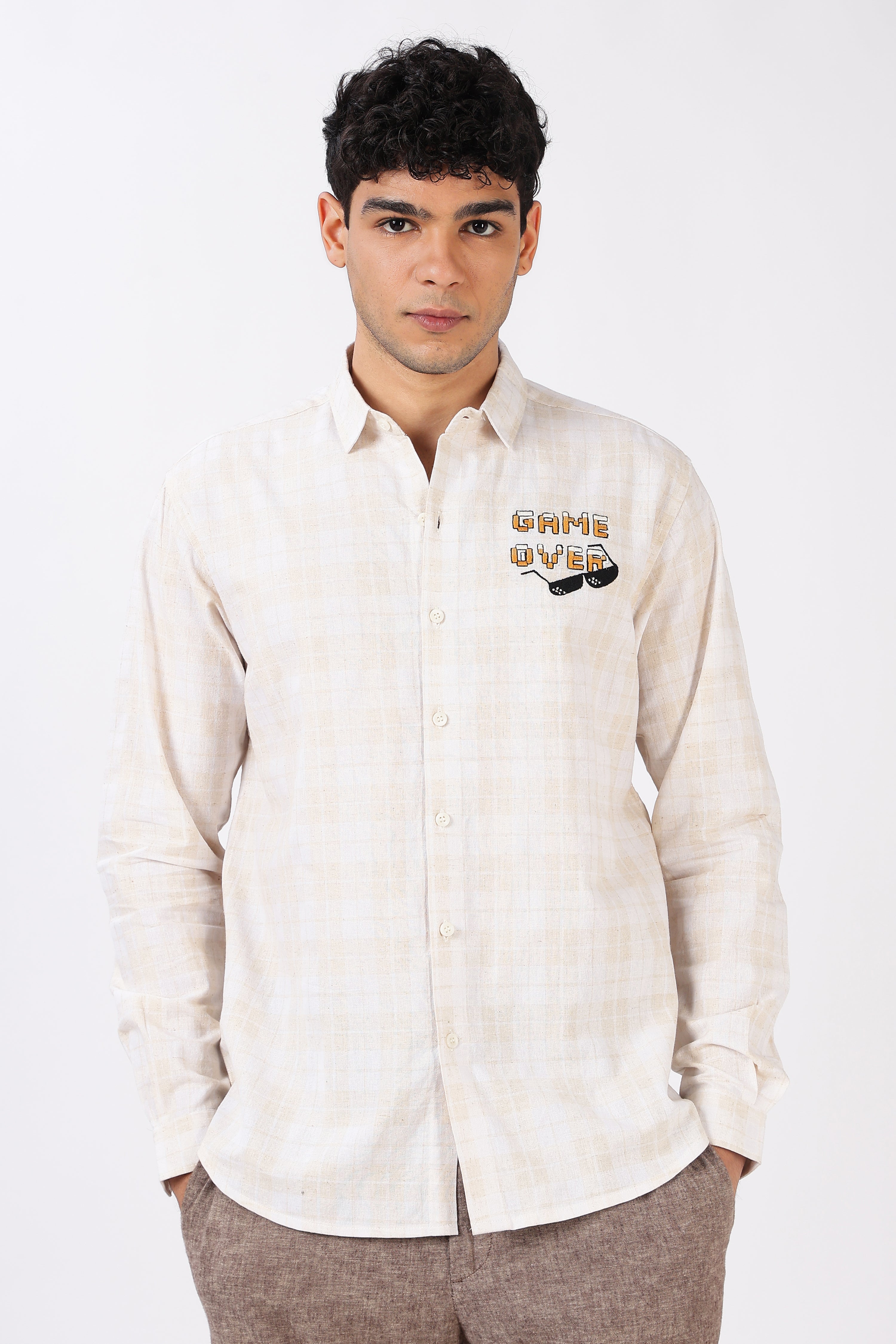 Game Over Cotton Checkered  Regular Fit Beige Embroidered Shirt