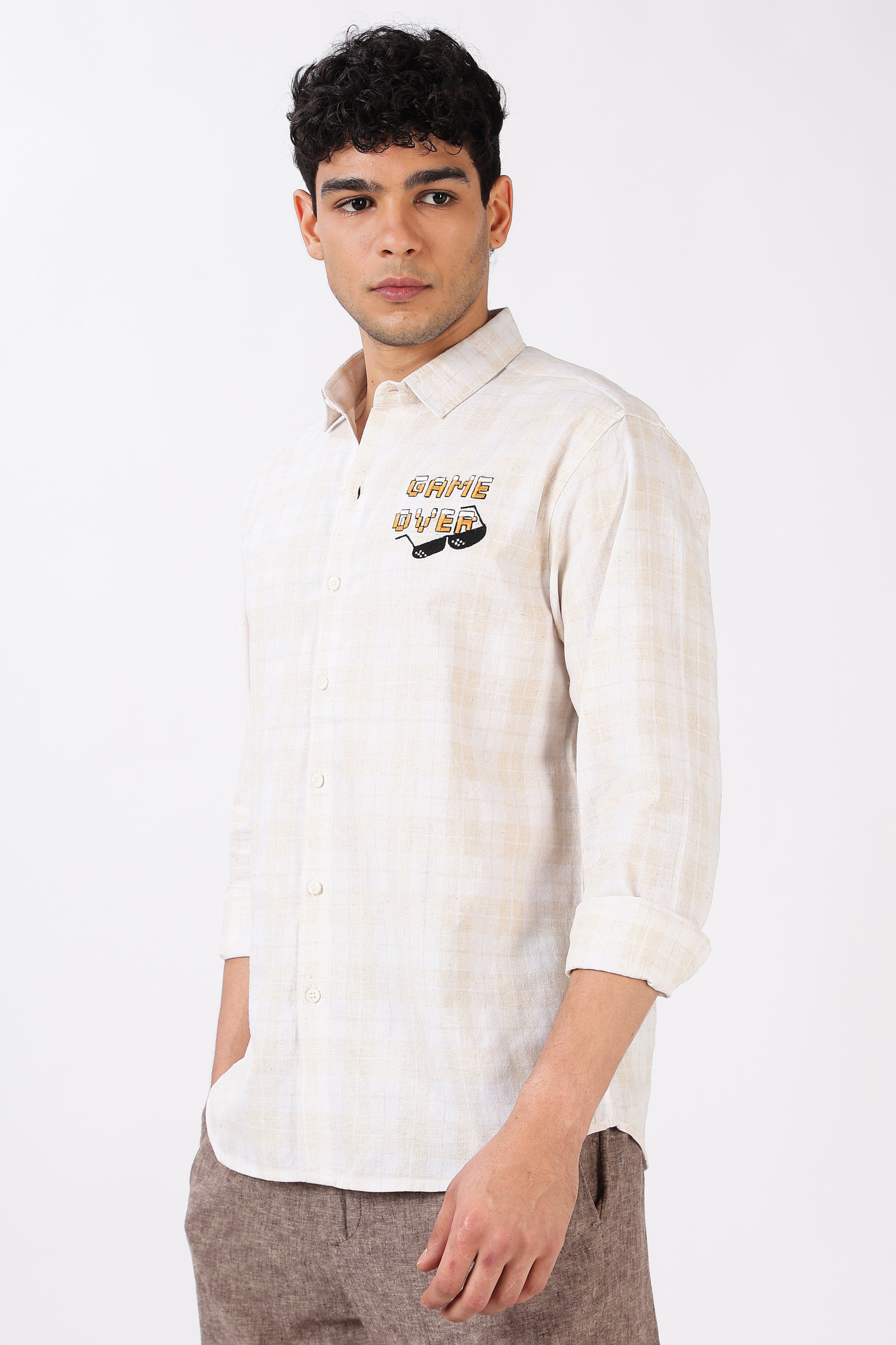 Game Over Cotton Checkered  Regular Fit Beige Embroidered Shirt