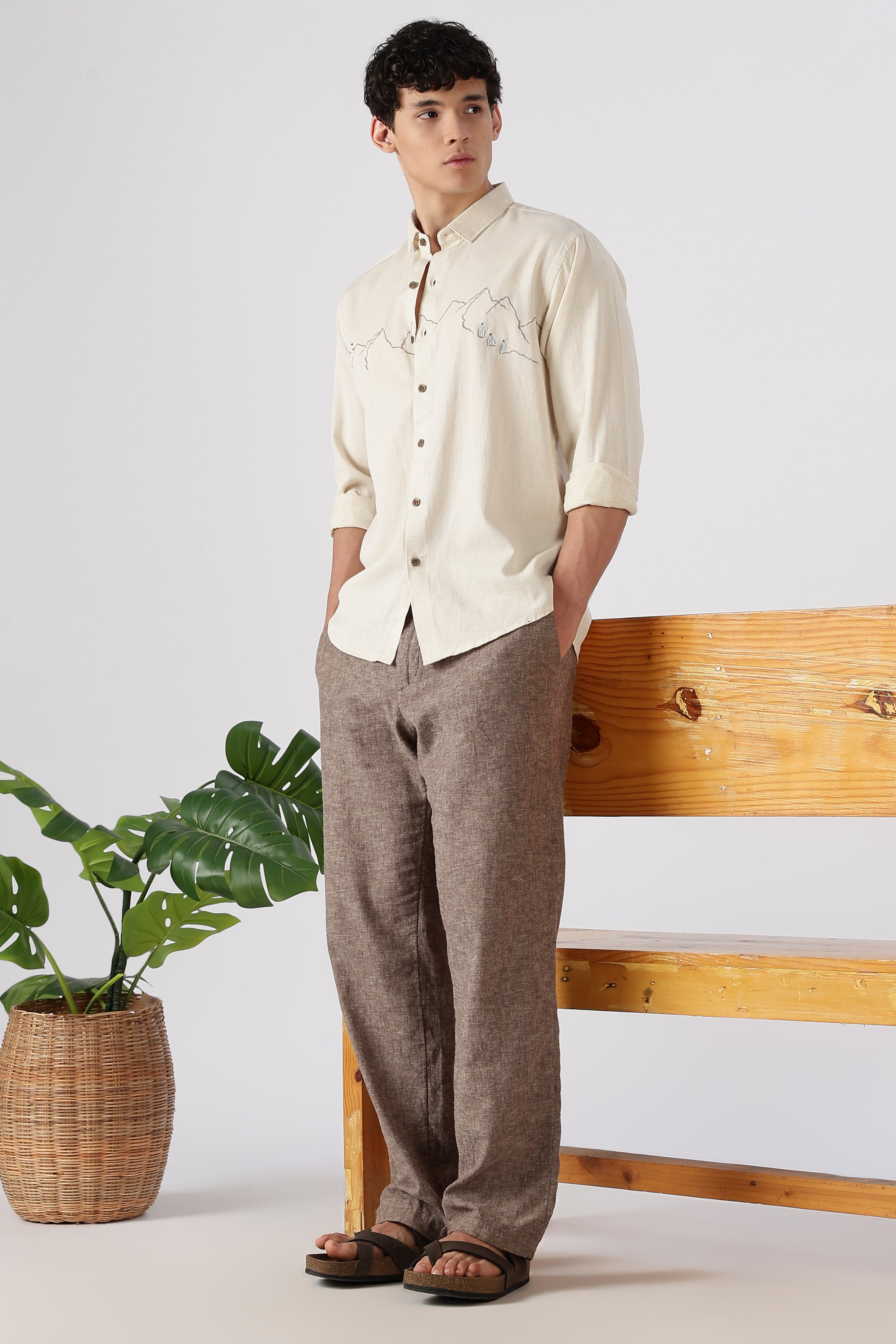 Summit Trek Cotton Regular Fit Beige Embroidered Shirt