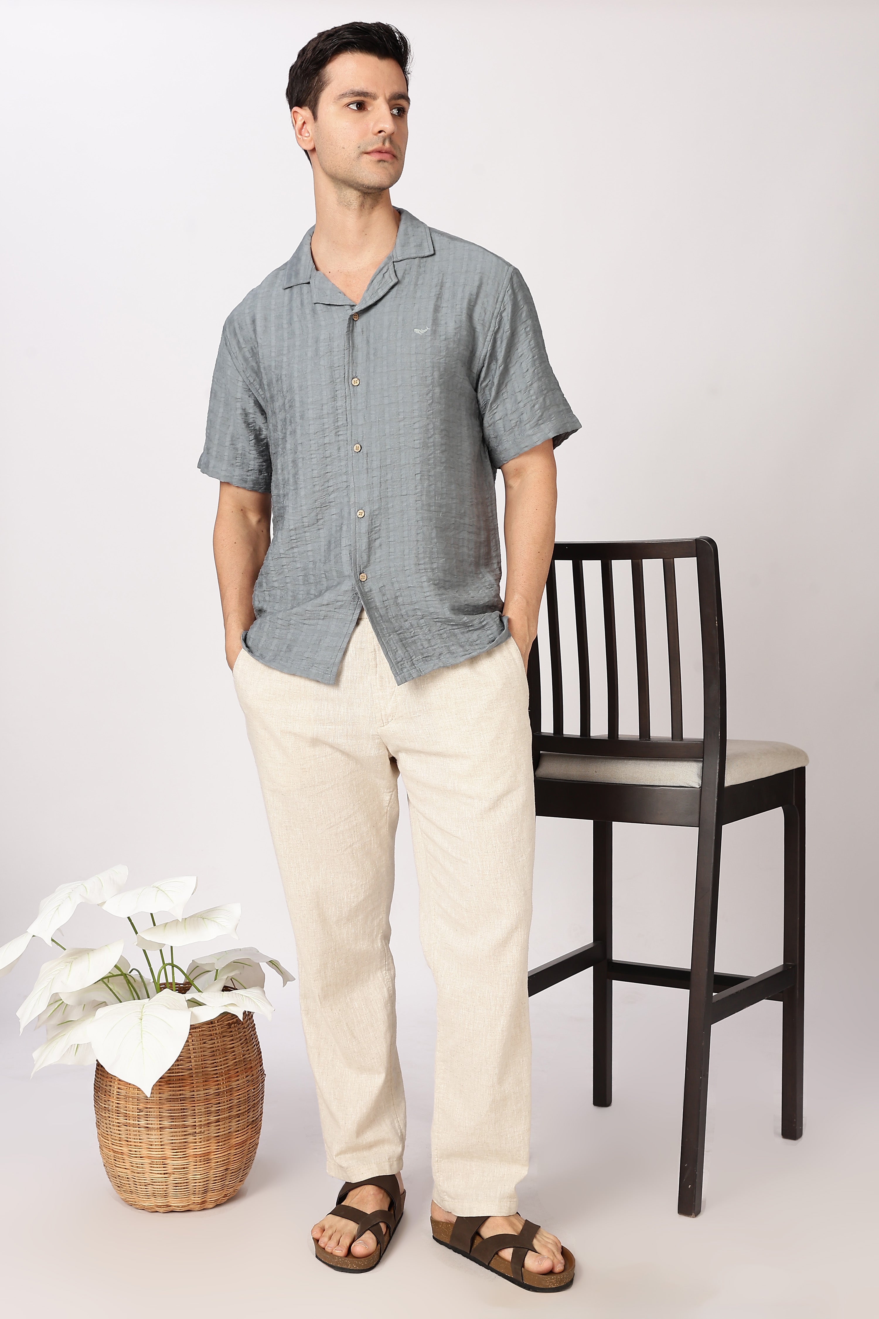 Steel Blue Textured Half-Sleeve Cuban Collar Shirt