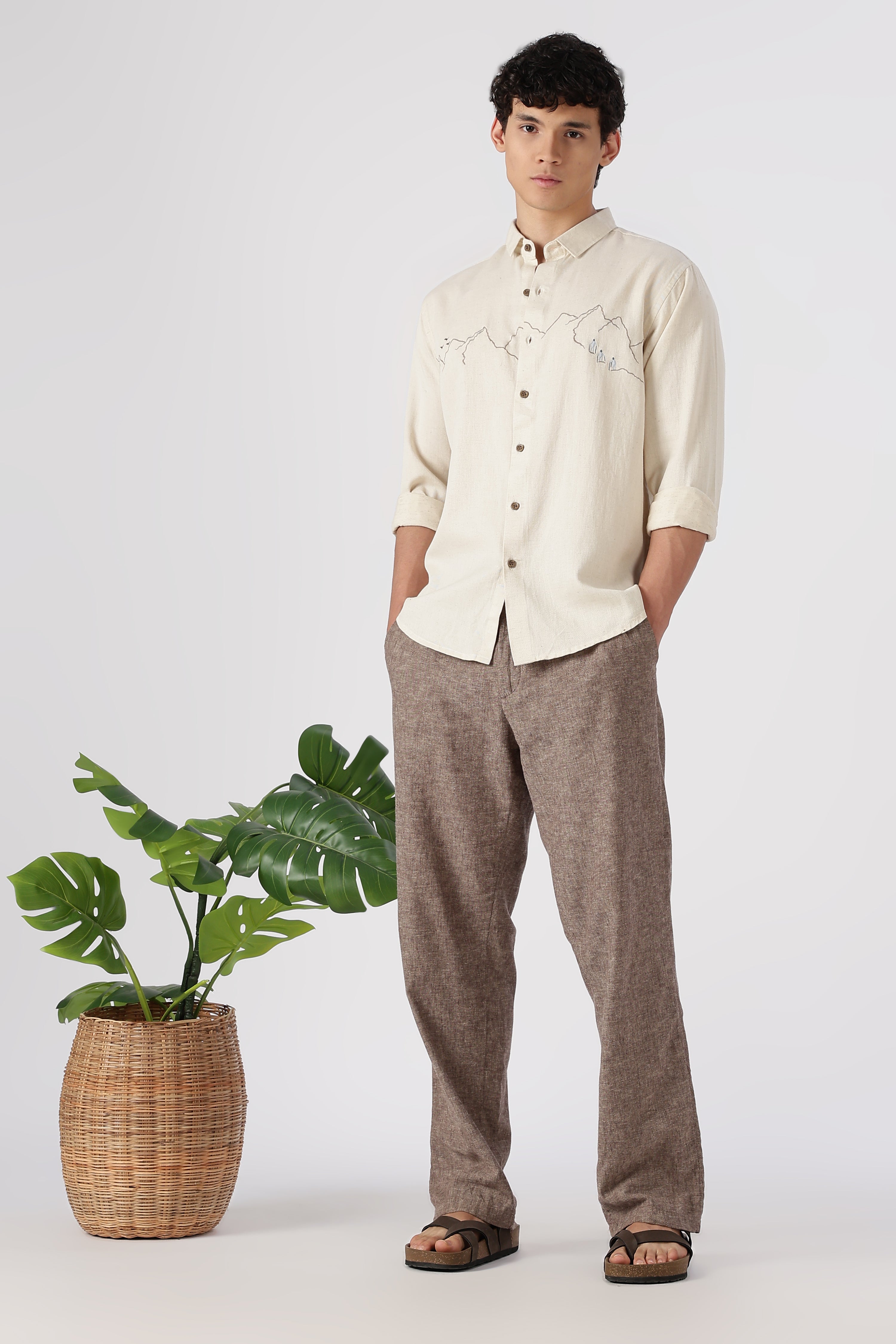 Summit Trek Cotton Regular Fit Beige Embroidered Shirt
