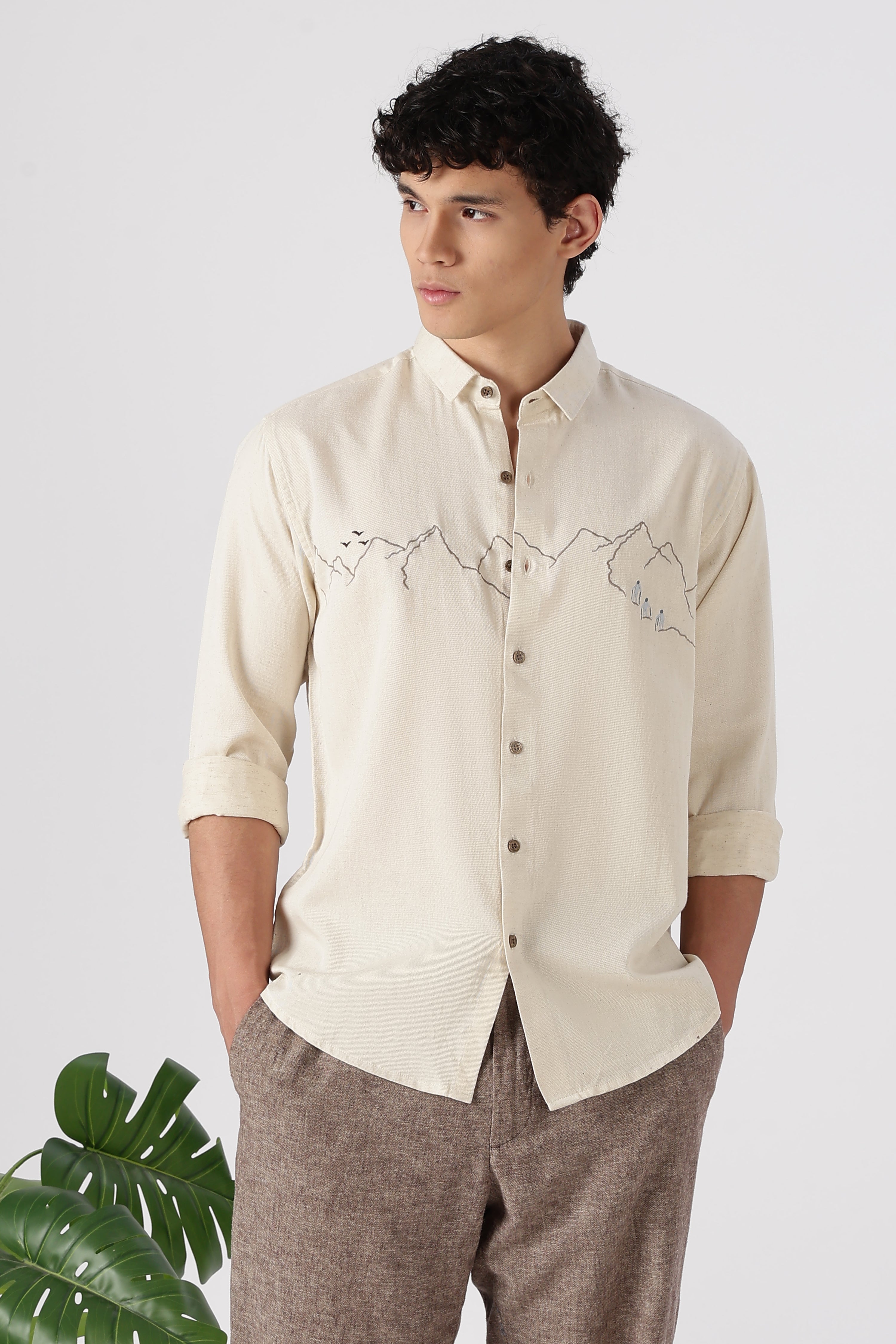Summit Trek Cotton Regular Fit Beige Embroidered Shirt