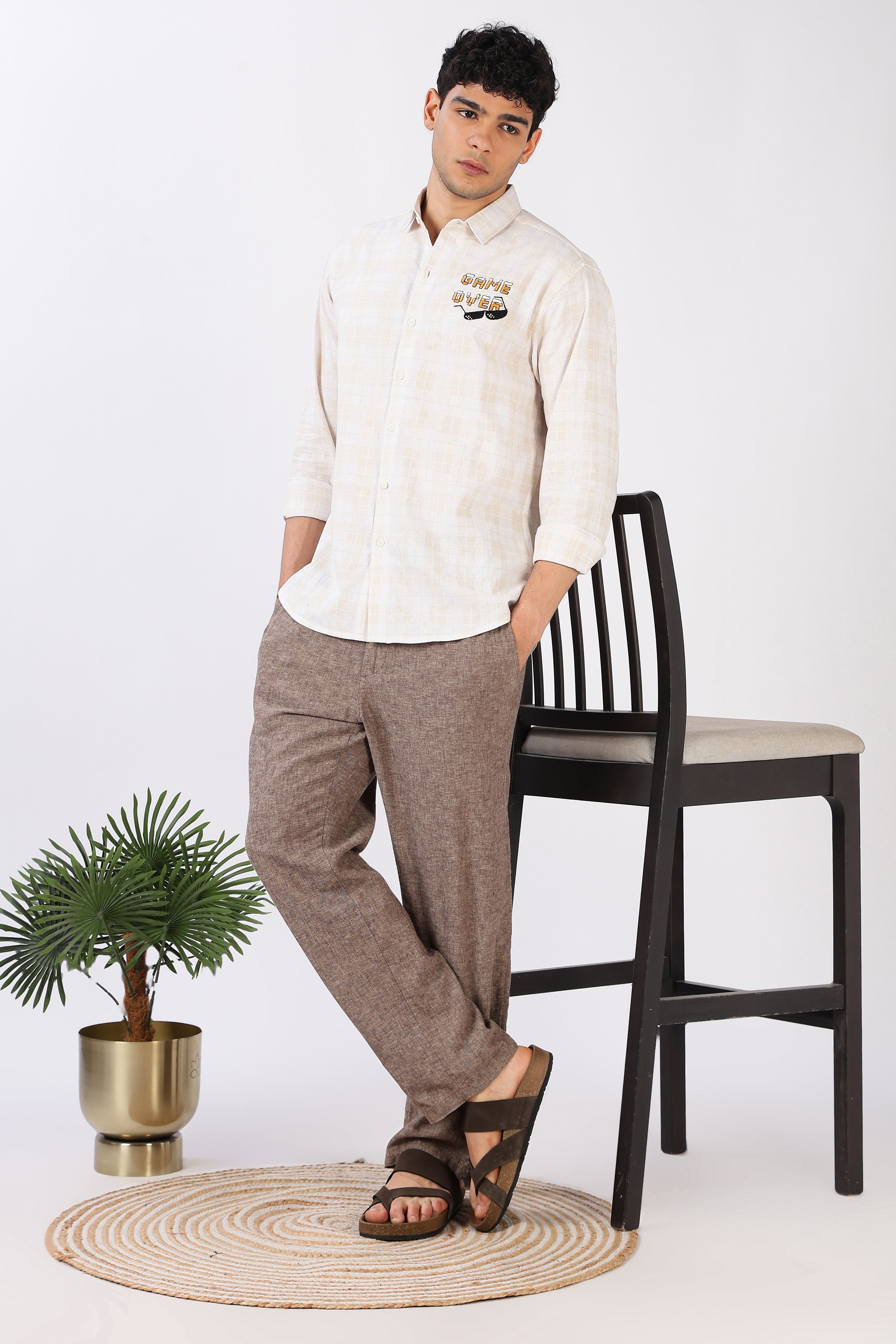 Game Over Cotton Checkered  Regular Fit Beige Embroidered Shirt