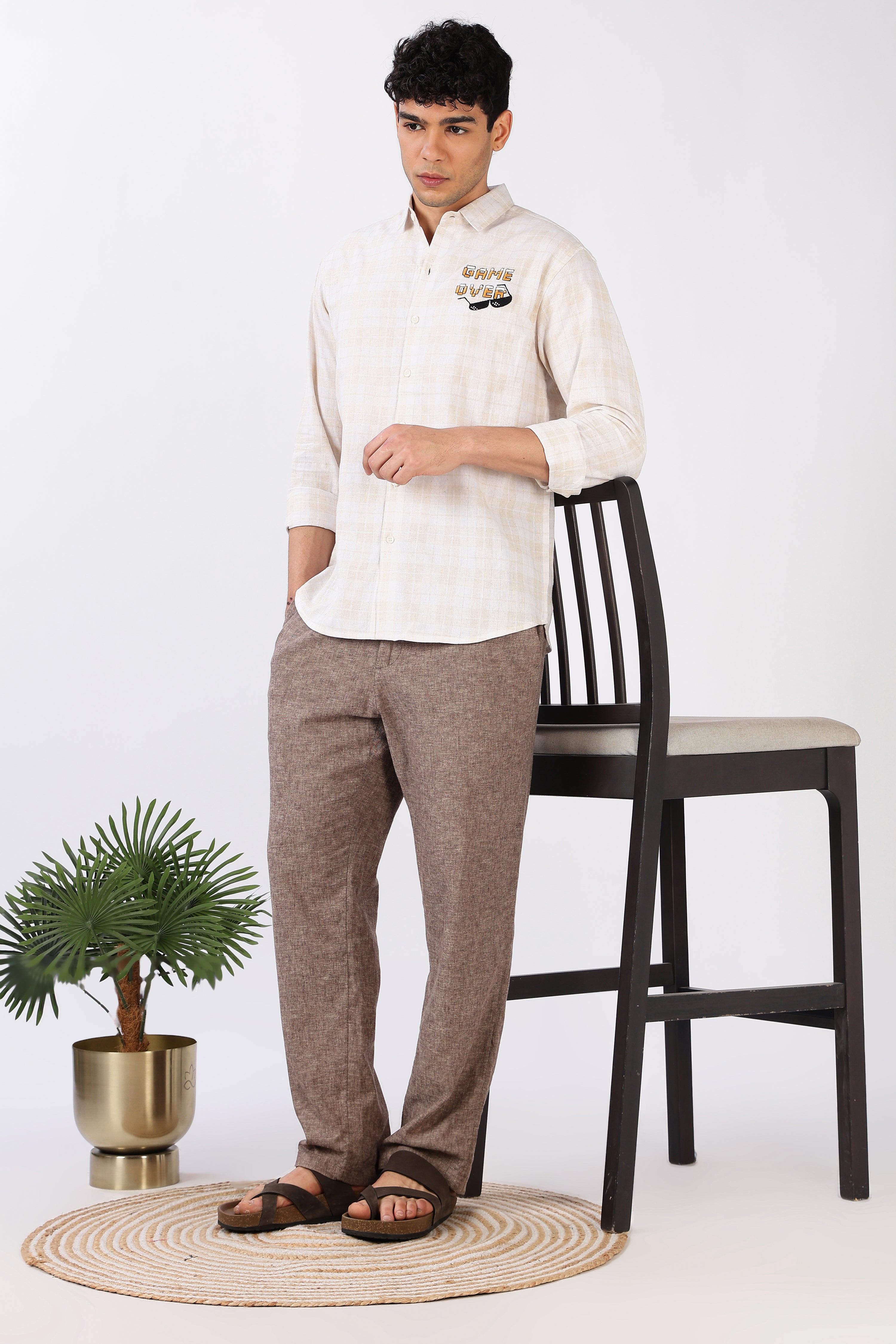 Game Over Cotton Checkered  Regular Fit Beige Embroidered Shirt